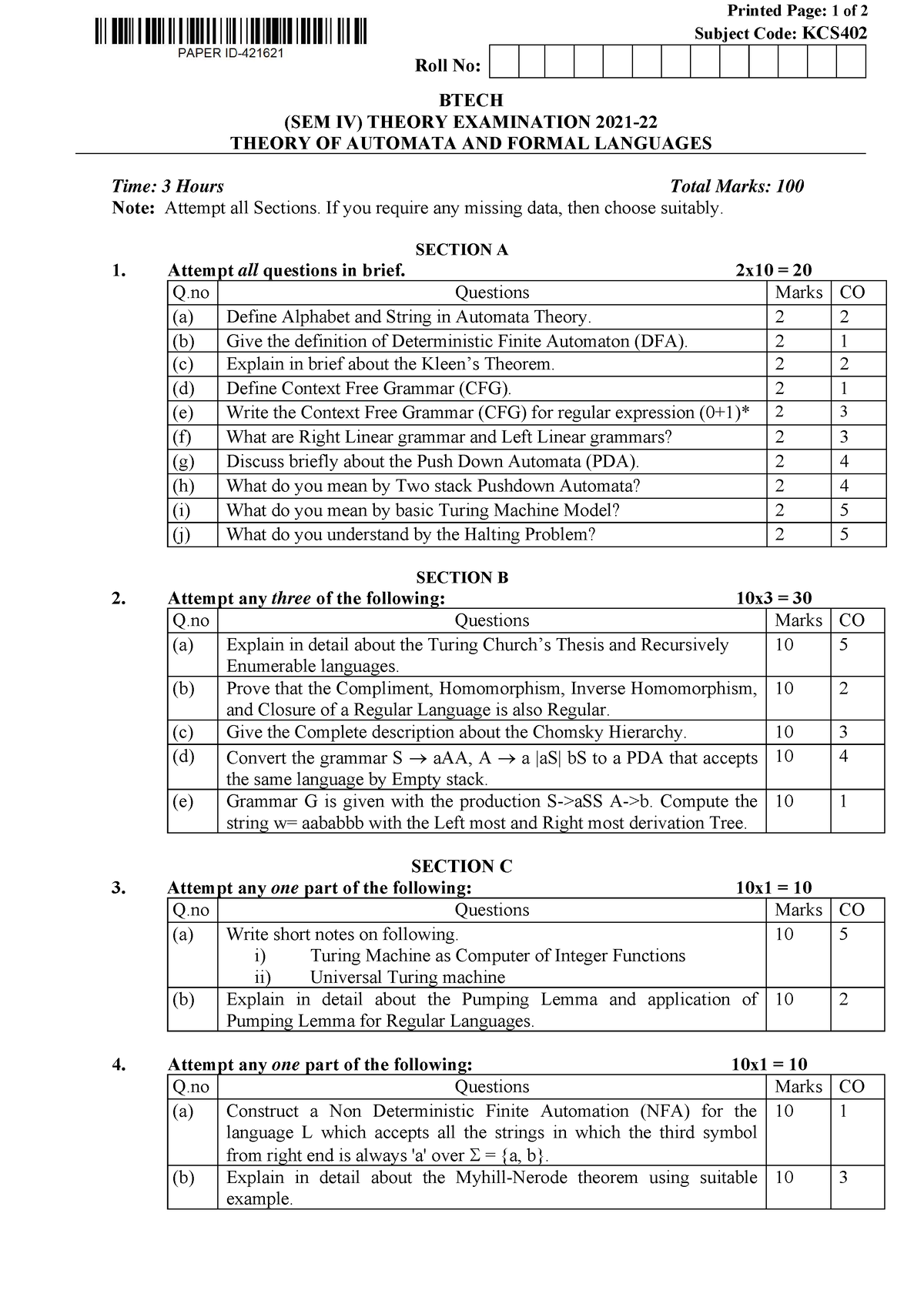 Btech Cs 4 Sem Theory Of Automata And Formal Languages Kcs402 2022 - B ...