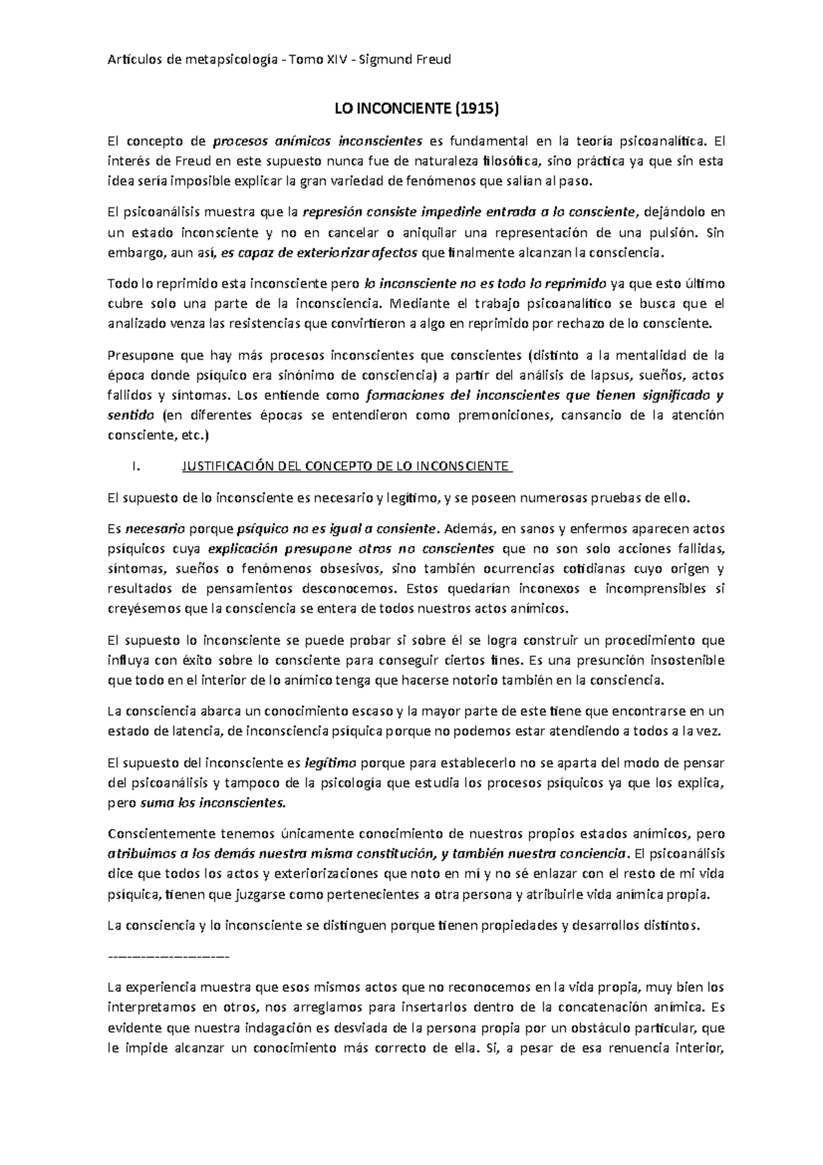 El Inconciente (resumen) - LO INCONCIENTE (1915) El concepto de ...