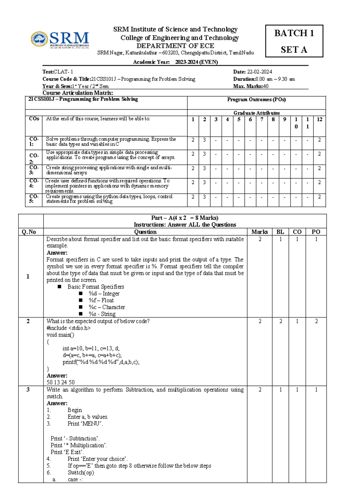 CT1 21CSS101J Answerkey - SRM Institute of Science and Technology ...