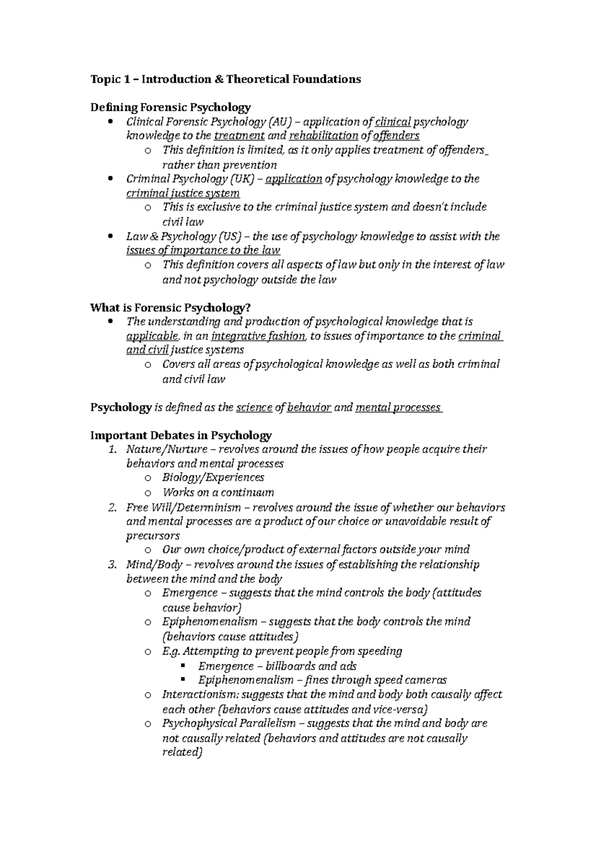 Forensic Psychology Lecture Notes - Topic 1 Introduction Theoretical ...