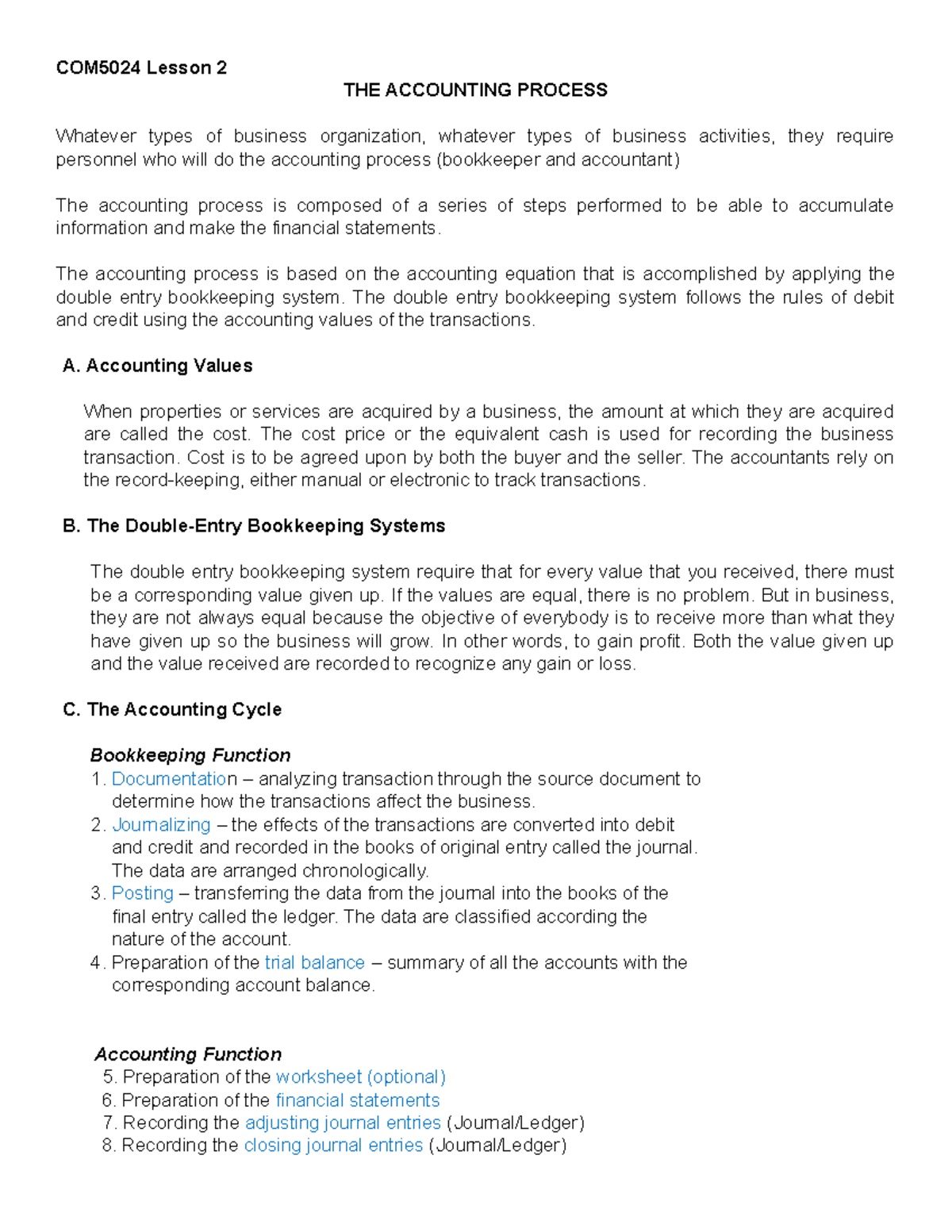 Lesson 2 Review of the Accounting Process (Accounting Cycle for a ...