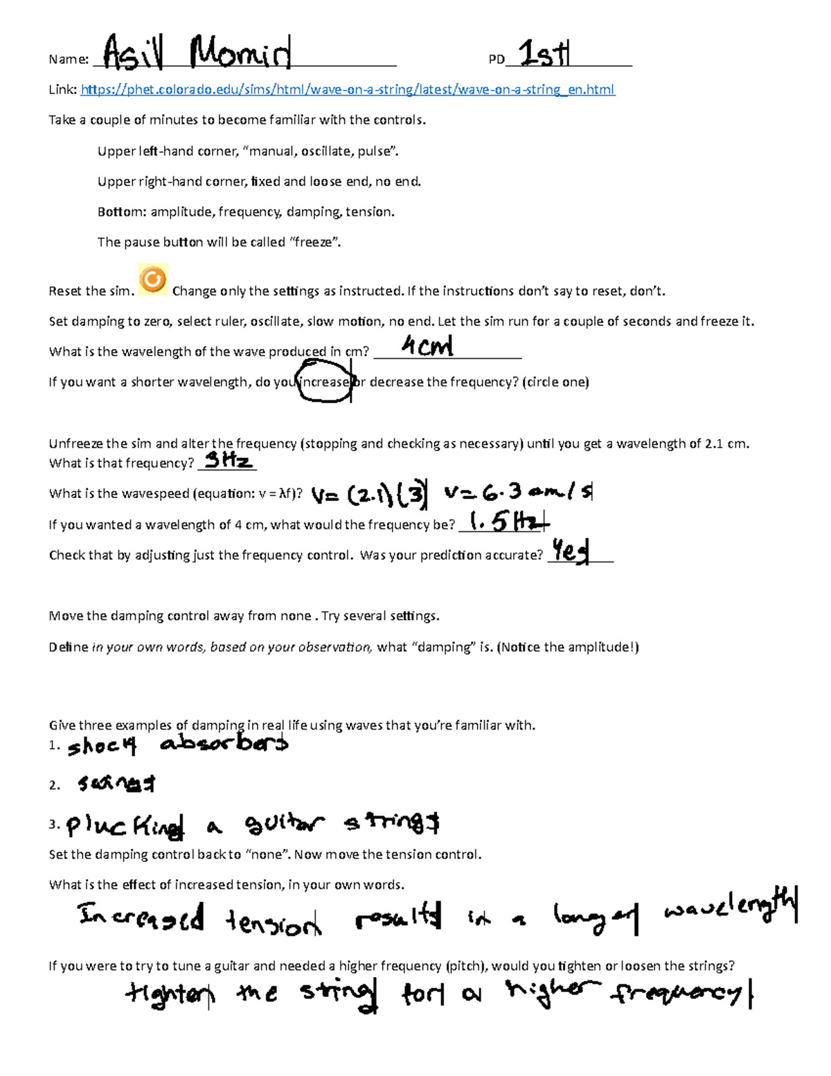 Waves PHET Lab Algebra 3 with answers Name