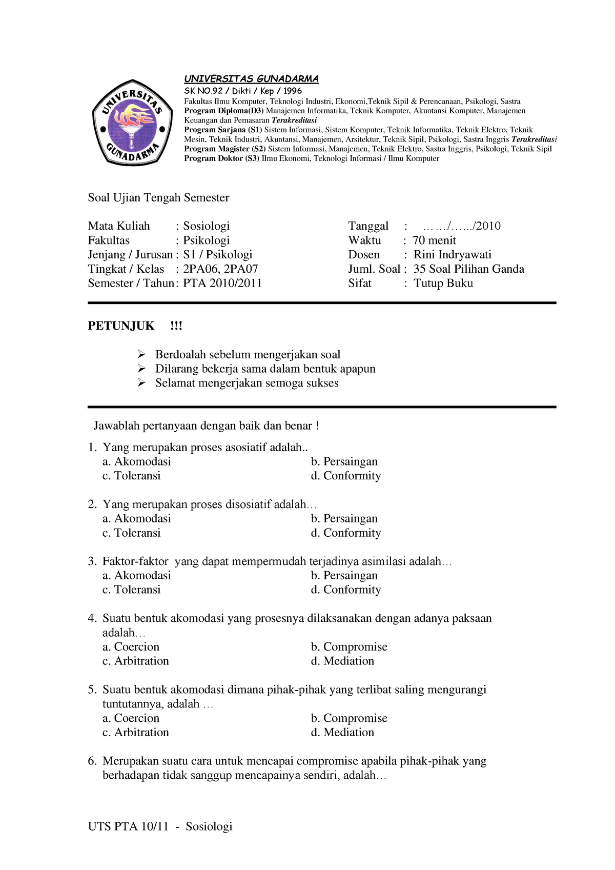 Soal UTS Sosiologi 2010 - Soal Ujian Tengah Semester Mata Kuliah ...