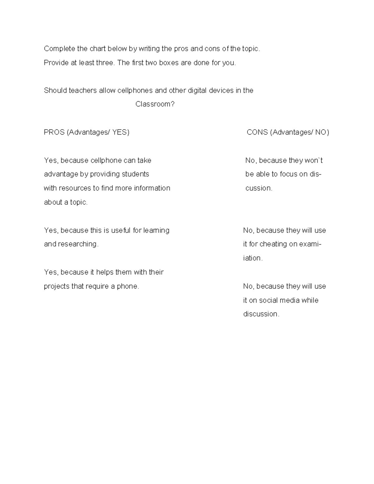 Print - notes/activites - Complete the chart below by writing the pros ...