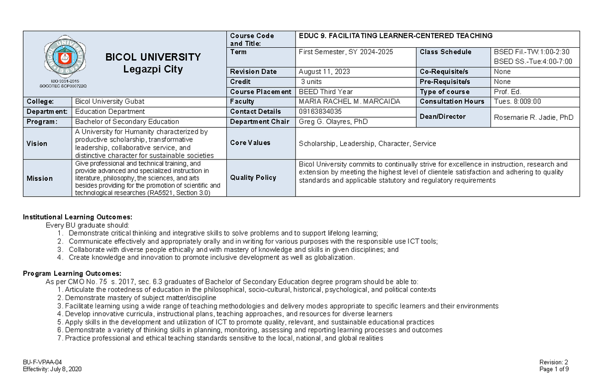 BSED III Facilitating Learner Centered Teaching - BICOL UNIVERSITY ...