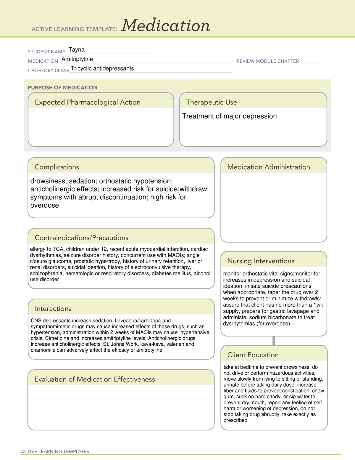 Amitriptyline Med Card ACTIVE LEARNING TEMPLATES Medication STUDENT