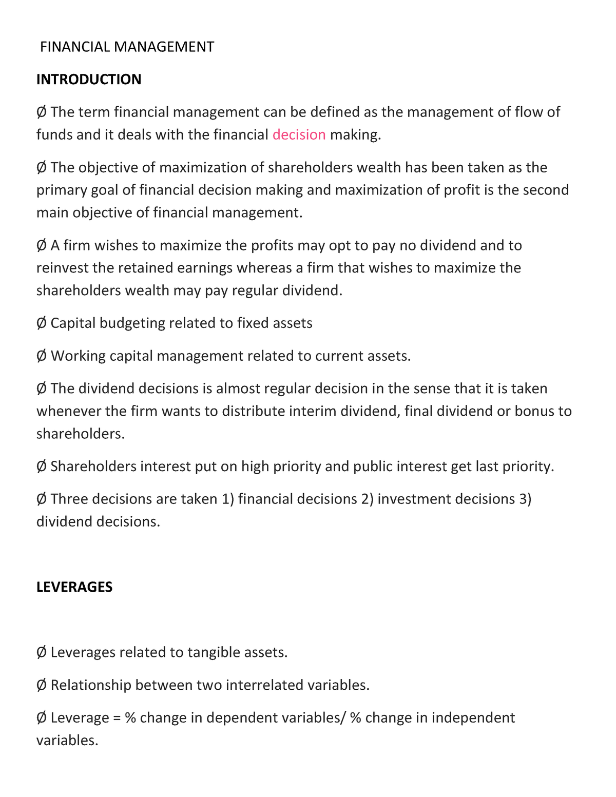 Quick notes financial management Compress FINANCIAL MANAGEMENT 