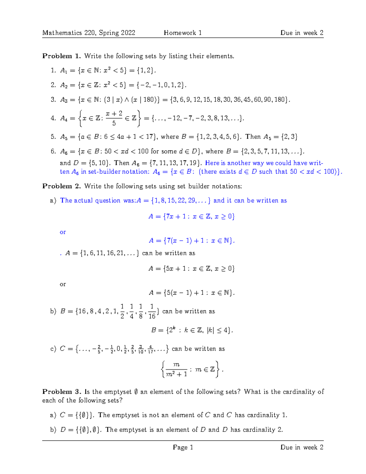 220-HW1-2022-solution - Mathematics 220, Spring 2022 Homework 1 Due in ...