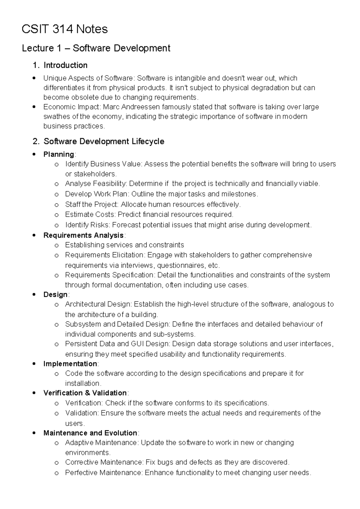 CSIT314 Revision Notes - CSIT 314 Notes Lecture 1 – Software ...