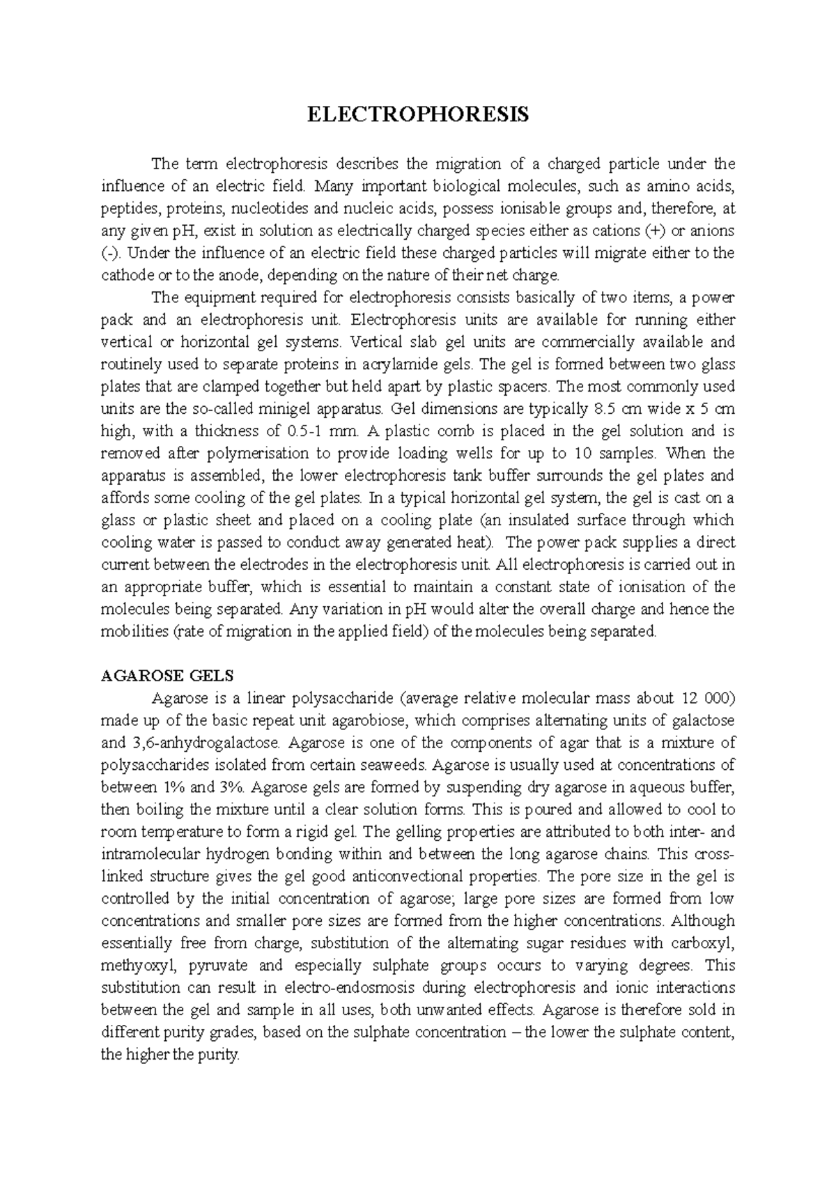 Electrophoresis notes ELECTROPHORESIS The term electrophoresis