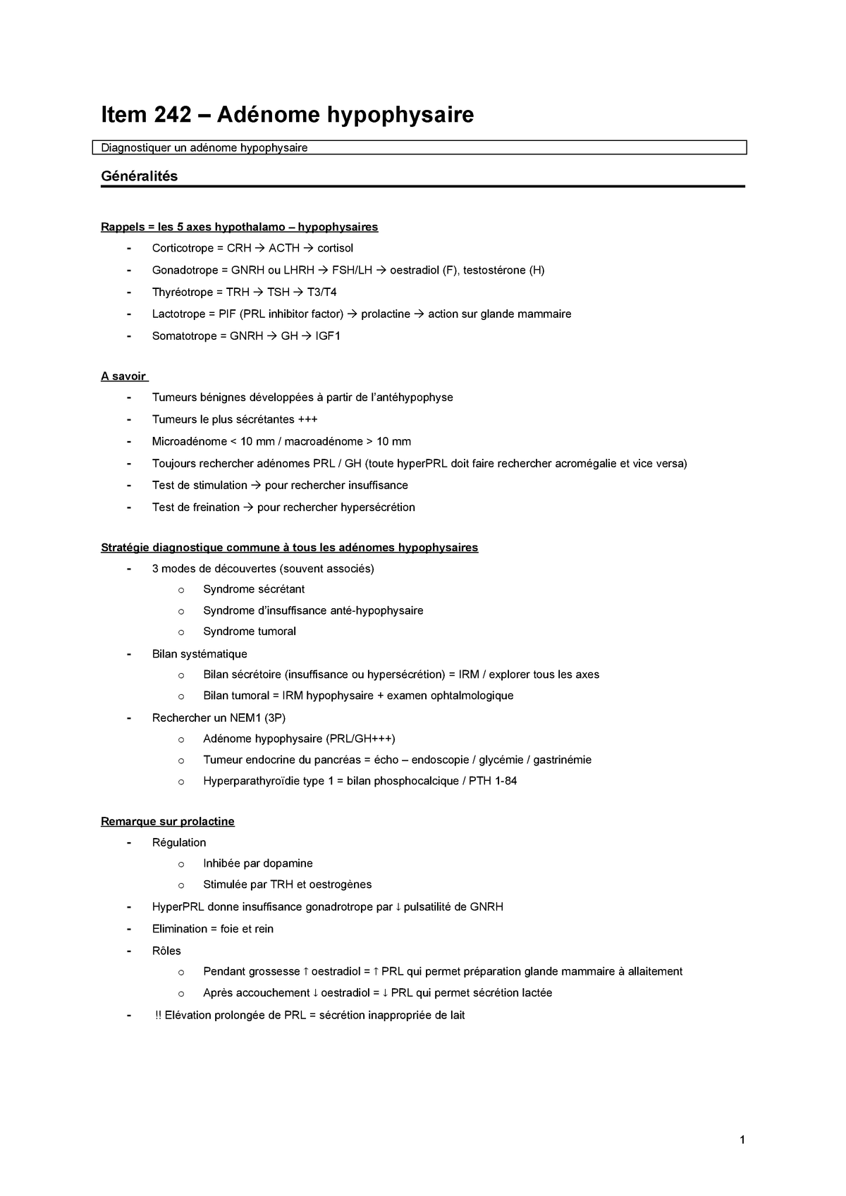 Item 242 Adenome Hypophysaire Item 242 Hypophysaire Diagnostiquer Un Studocu