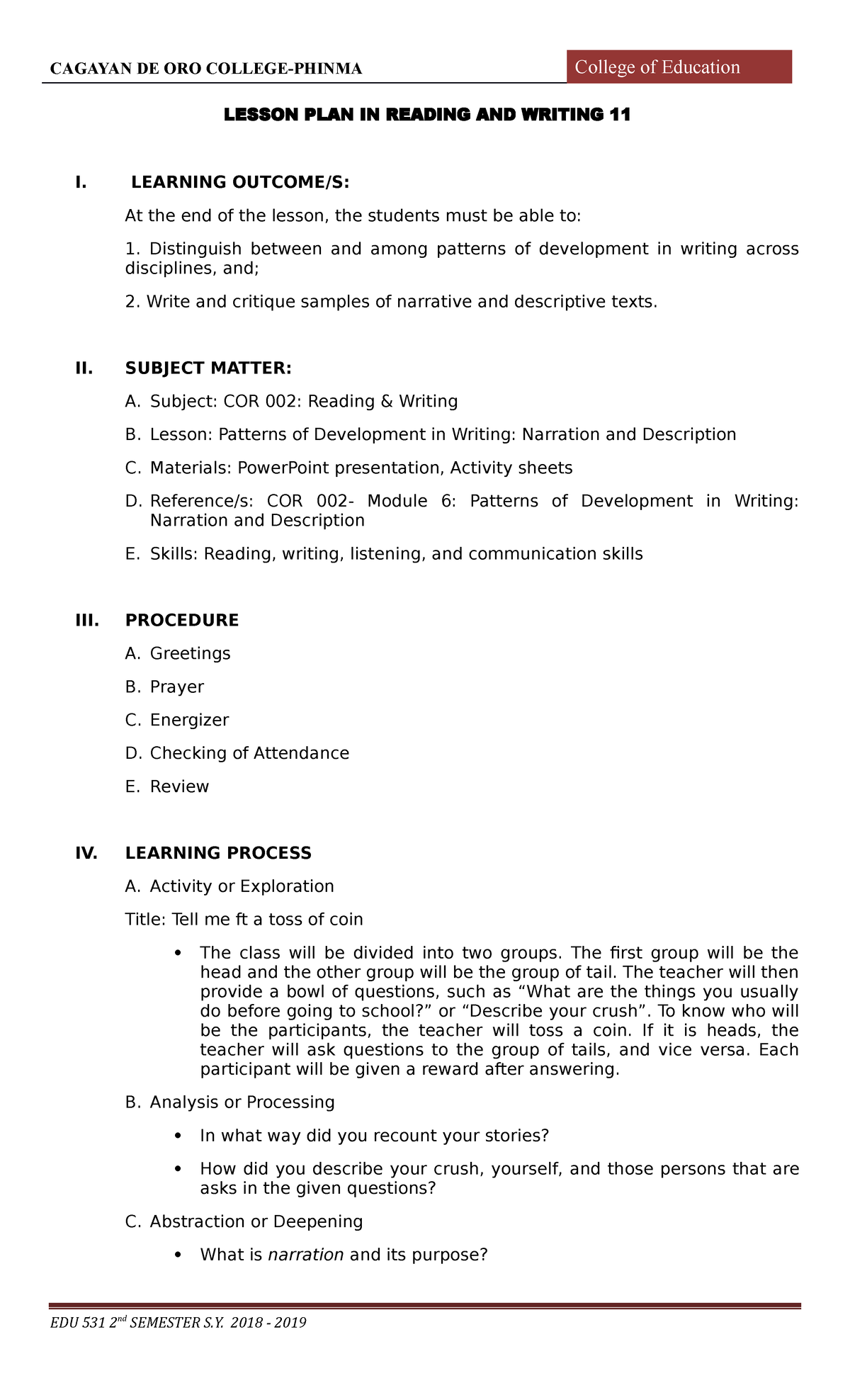 4As-Lesson-Plan (COR 002) - LESSON PLAN IN READING AND WRITING 11 I ...