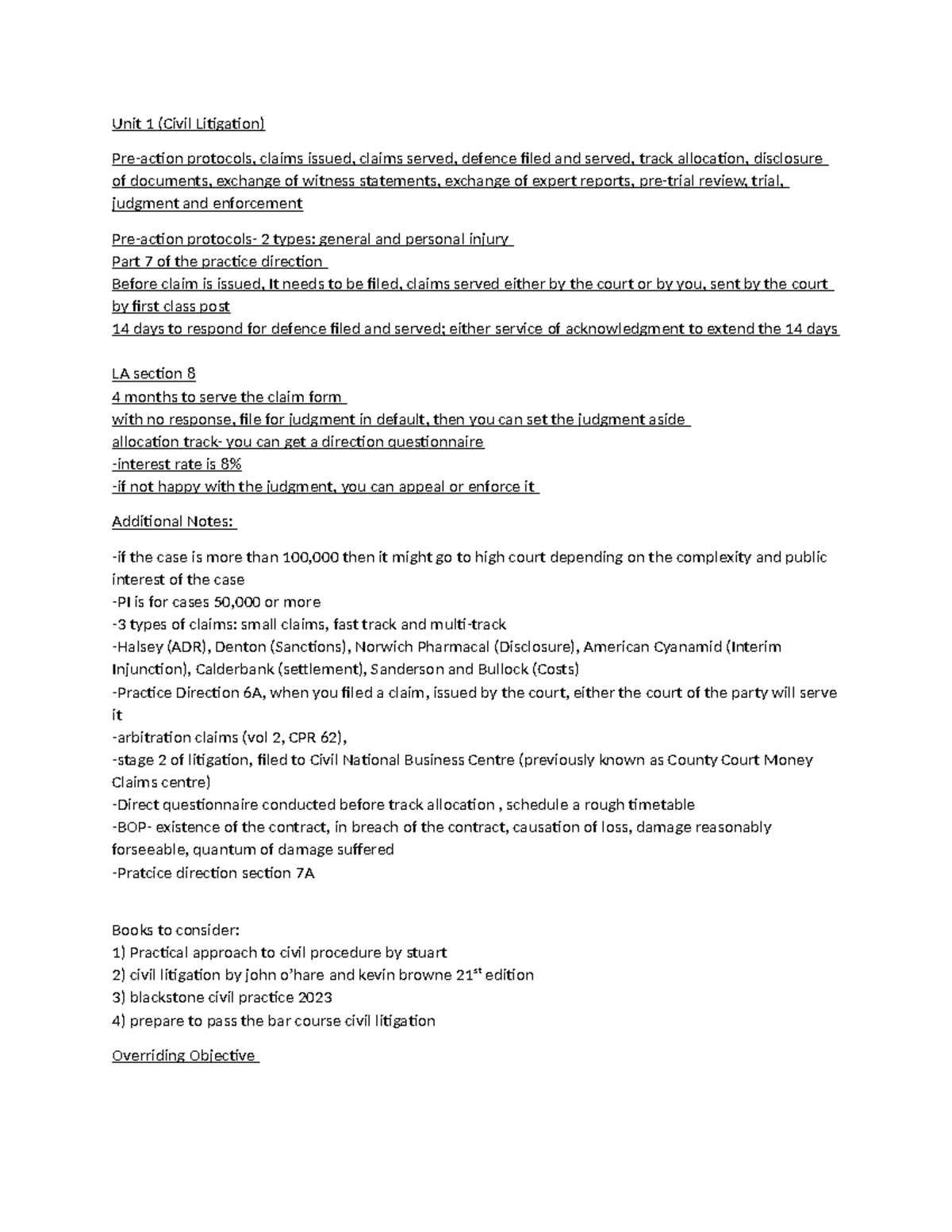 Unit 1 notes (Civil Litigation) - Unit 1 (Civil Litigation) Pre-action ...
