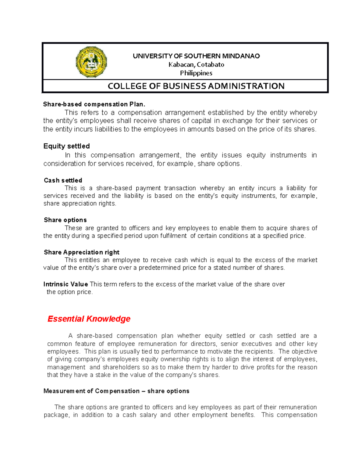 Share- Based Compensation - Notes - UNIVERSITY OF SOUTHERN MINDANAO ...
