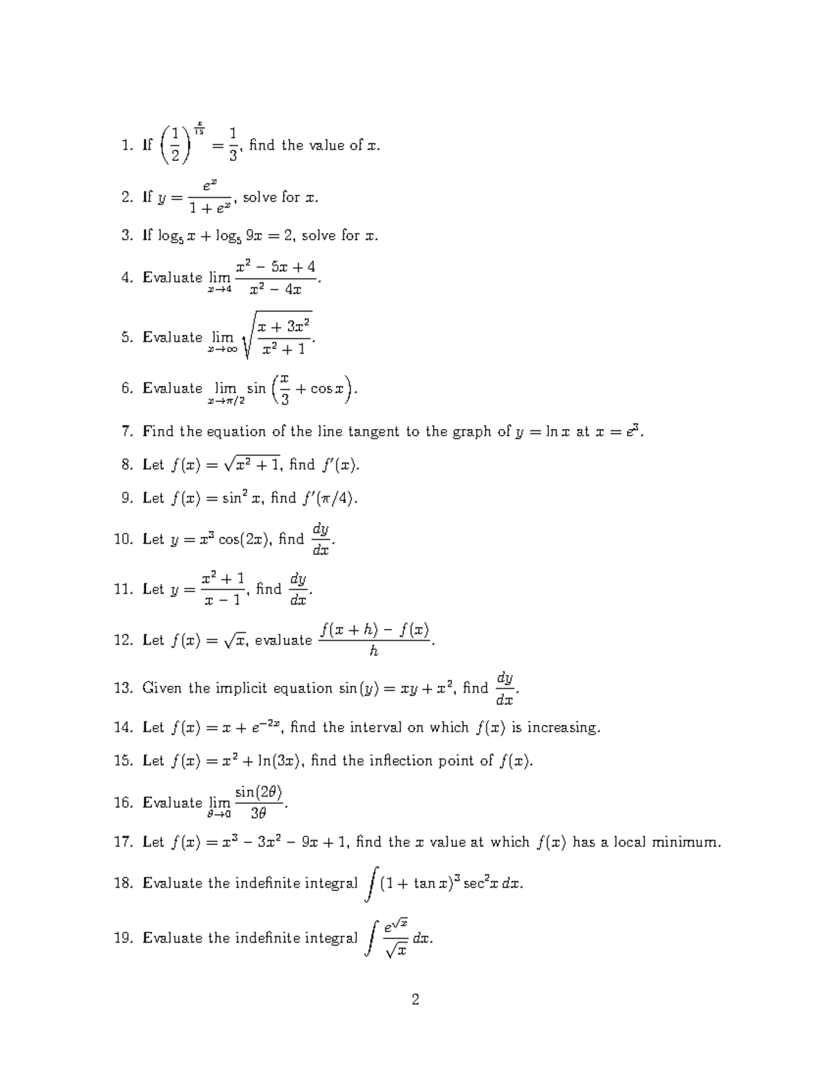 Sample-Calculus-Placement - 15x 1 1 1. If , find the value of x. 2 3 2 ...