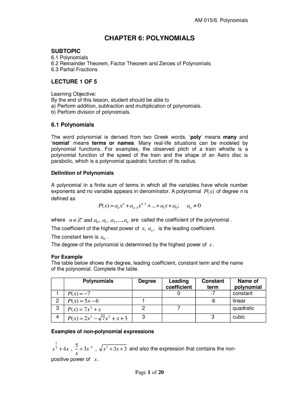 Chapter 6 Polynomial Lecture 2021 Intake - CHAPTER 6: POLYNOMIALS ...