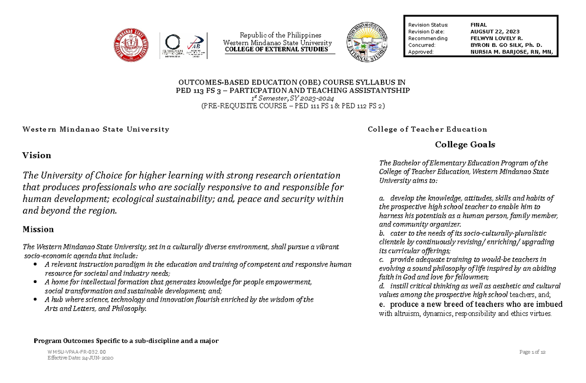 PED 113 FS3 Syllabus BEED - Republic of the Philippines Western ...