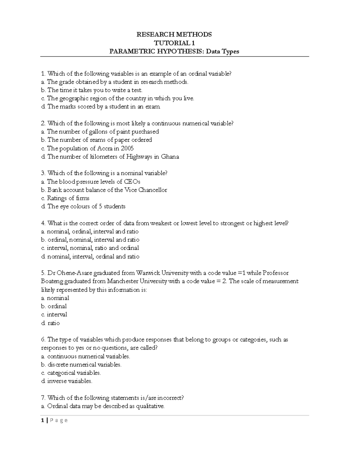 Tutorial 1 - Data Types - Questions - Research Methods - Ug - Studocu