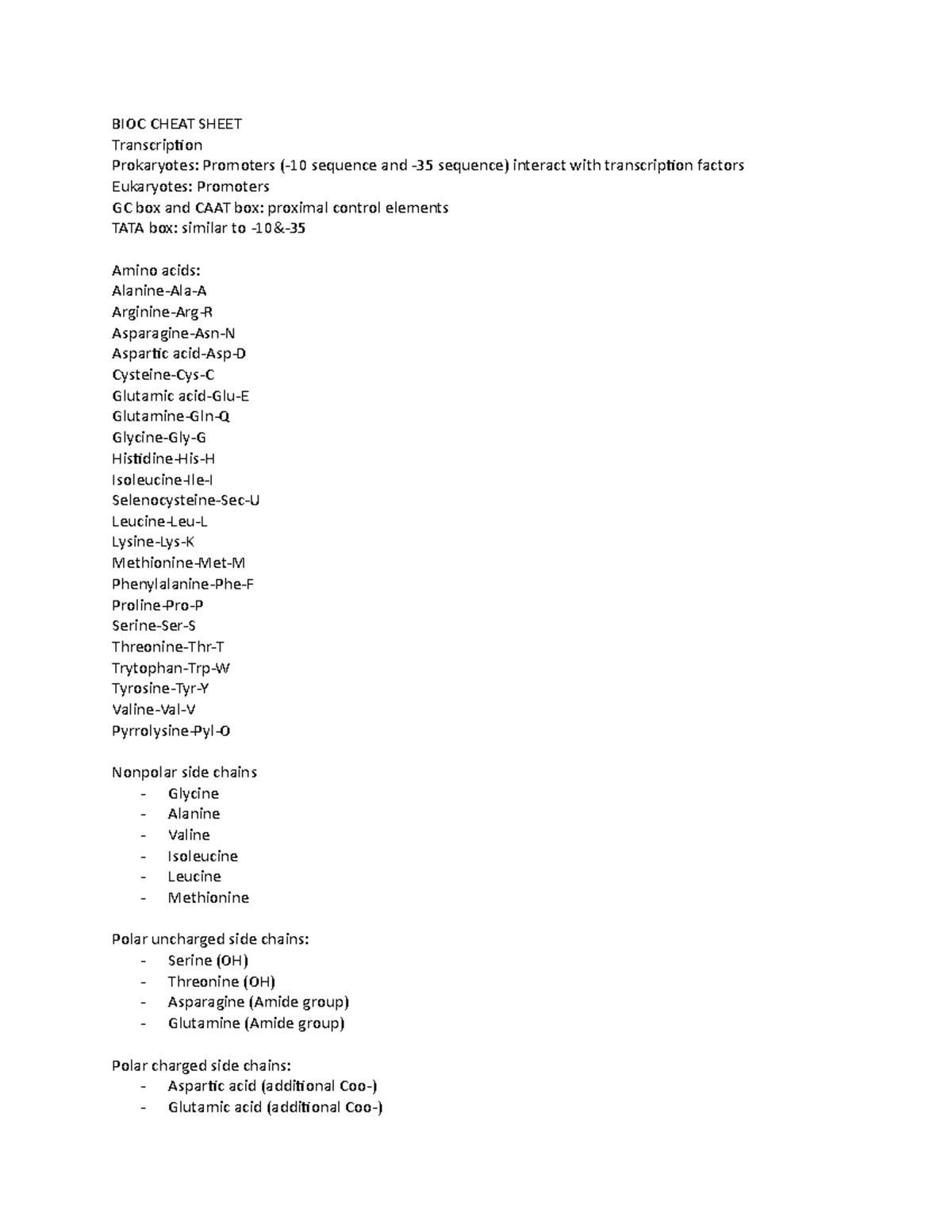Bioc cheat sheet for quizzes - BIOC CHEAT SHEET Transcription ...