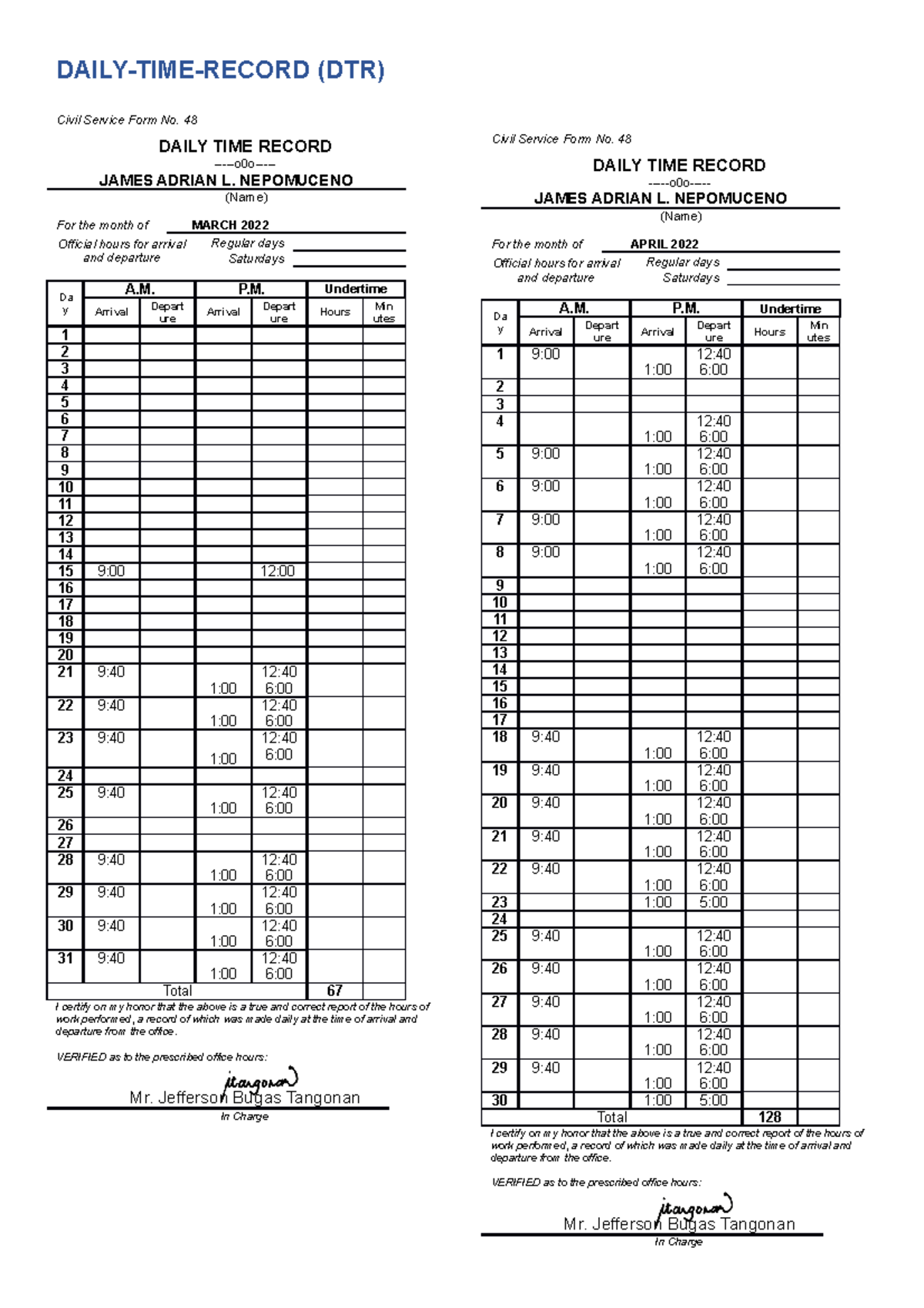 Ddttrr - NONE - DAILY-TIME-RECORD (DTR) DAILY TIME RECORD -o0o- JAMES ...