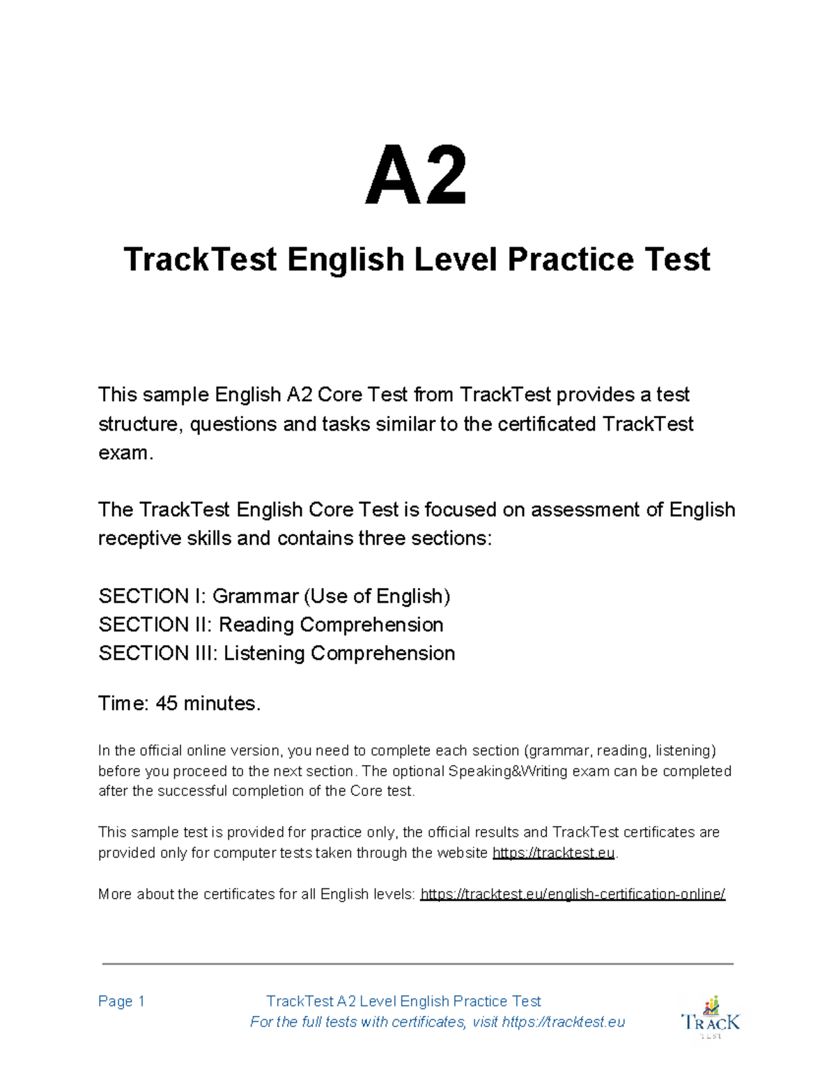 A2 English Test With Answers A TrackTest English Level Practice Test 