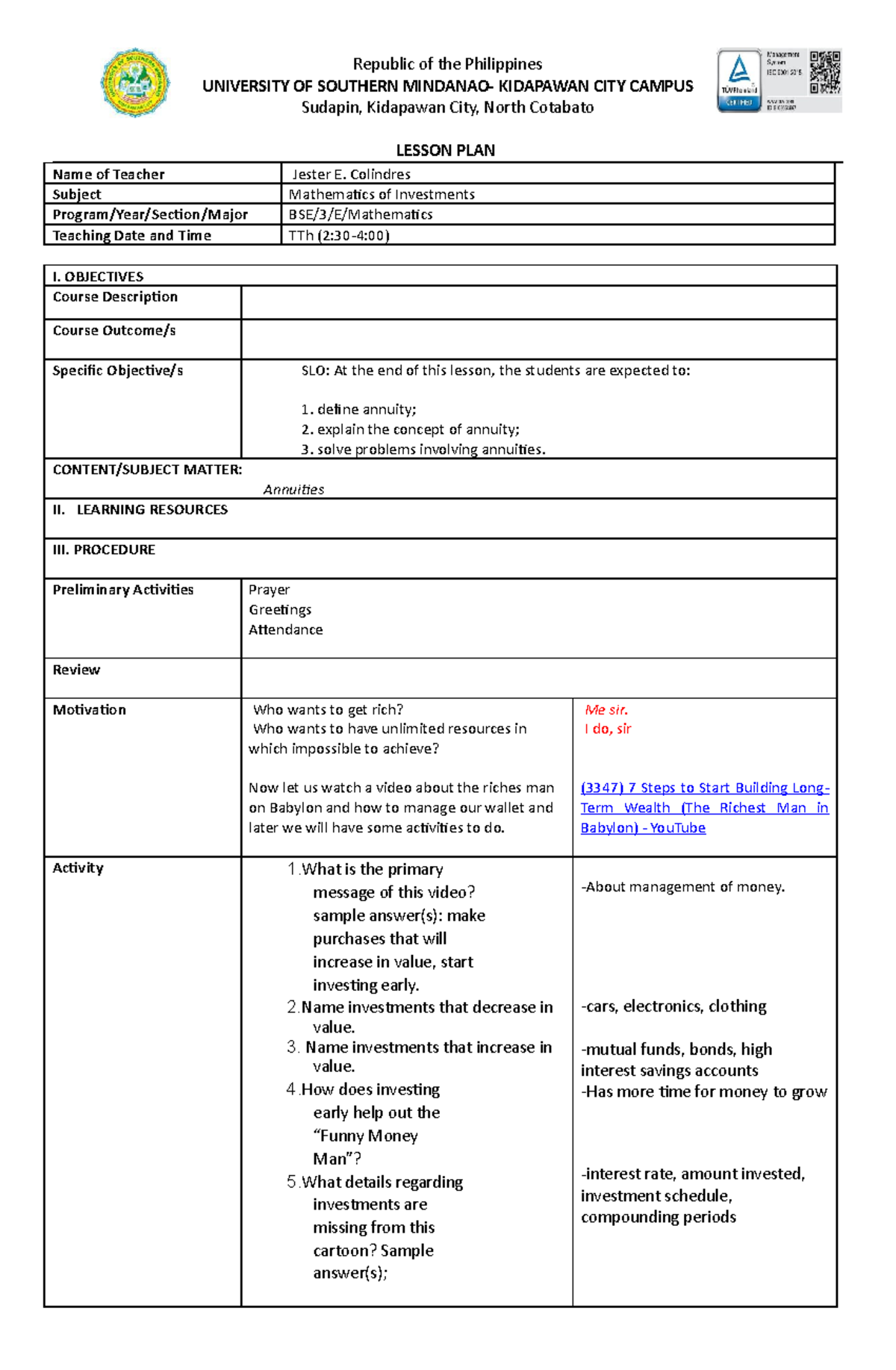 Week 5 - Lesson Plan Week 5 - Mathematics Of Investments - Usm - Studocu