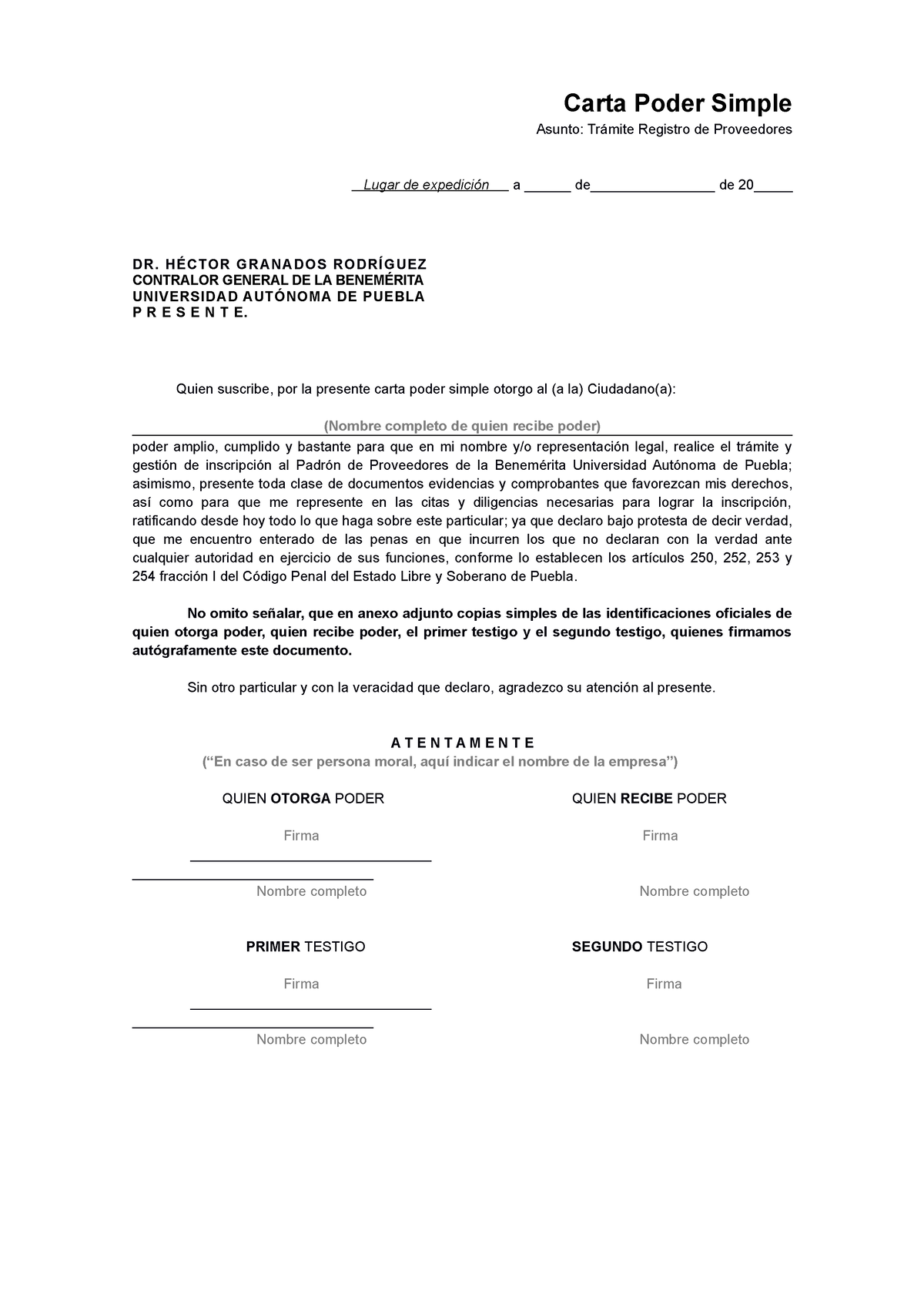 18 Carta Poder Simple Ins Carta Poder Simple Asunto Trámite Registro De Proveedores Lugar De 4429