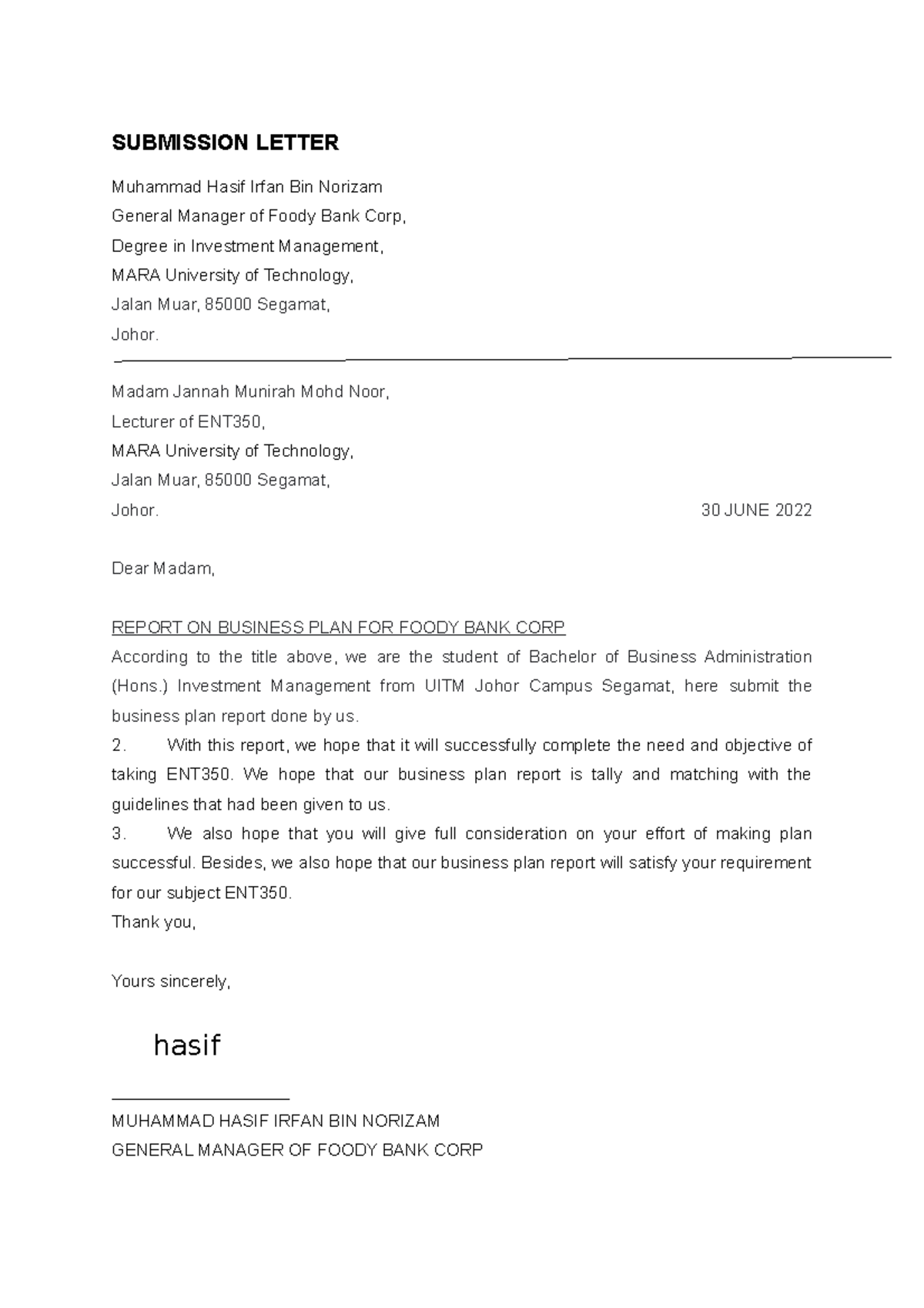 Submission Letter hasif - SUBMISSION LETTER Muhammad Hasif Irfan Bin ...