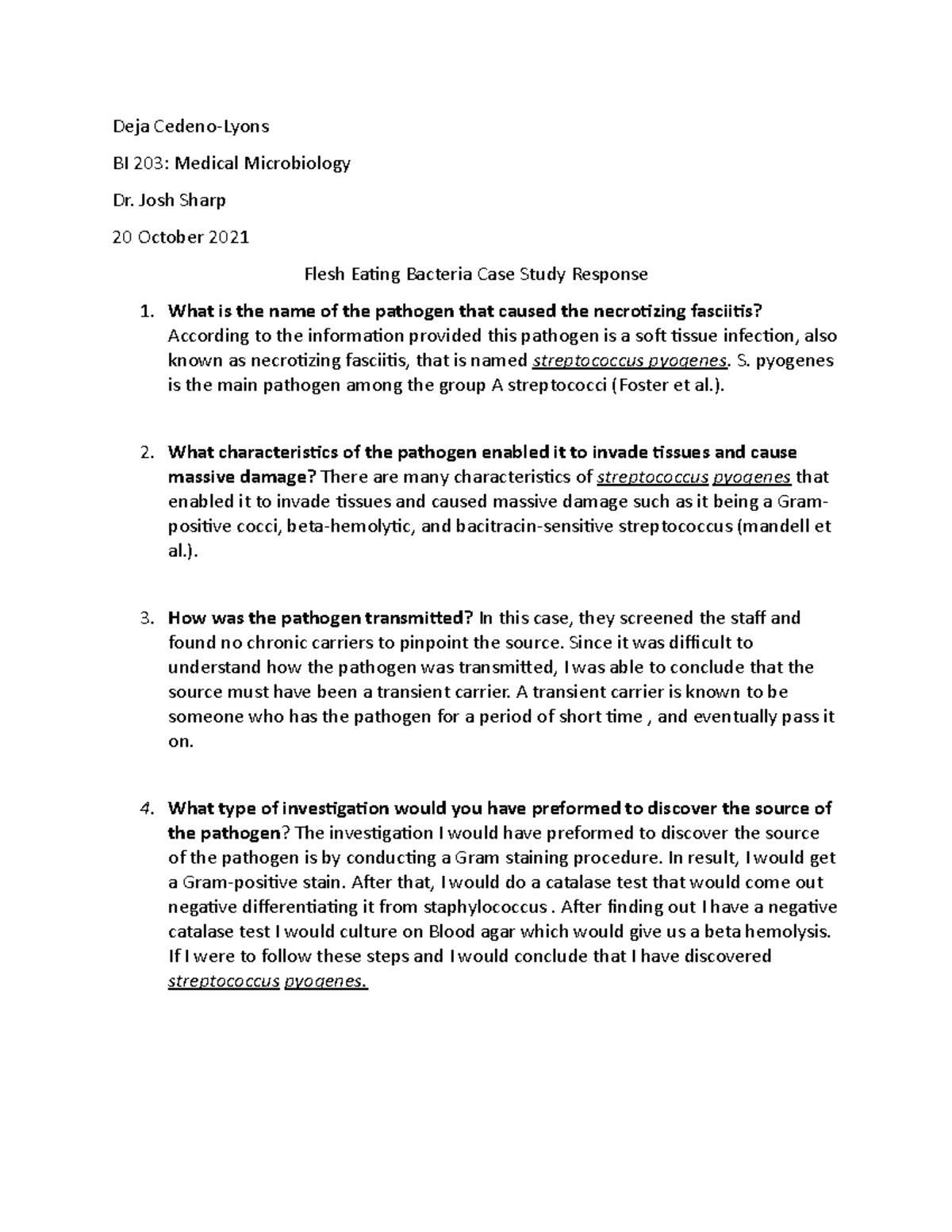 Flesh eating bacteria case study BI203 Deja CedenoLyons BI 203