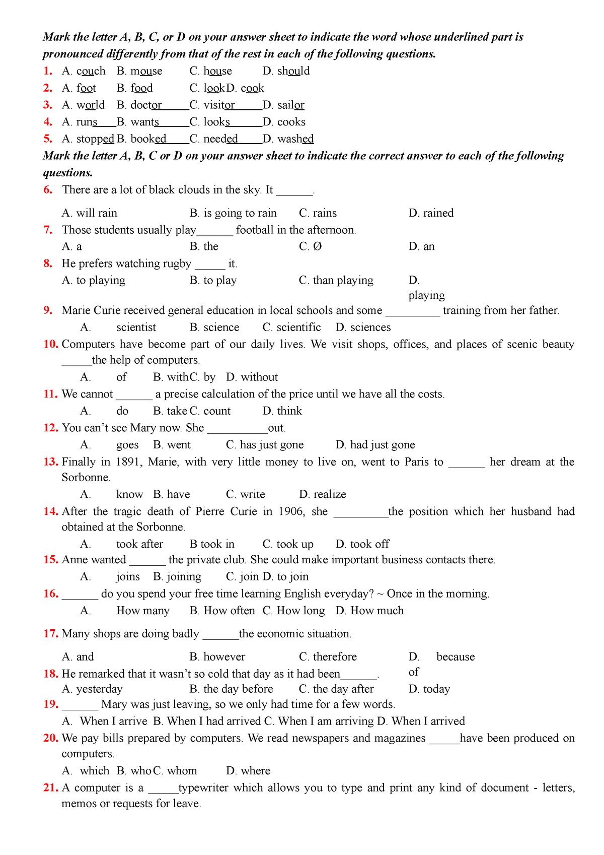 Đề thi tiếng anh cho hsinh 12 - Mark the letter A, B, C, or D on your ...