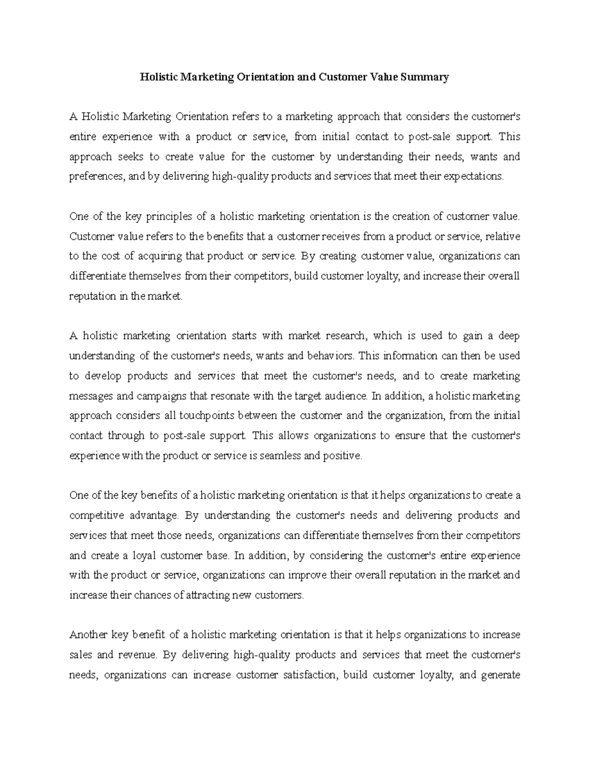 Holistic Marketing Orientation and Customer Value Summary Human ...