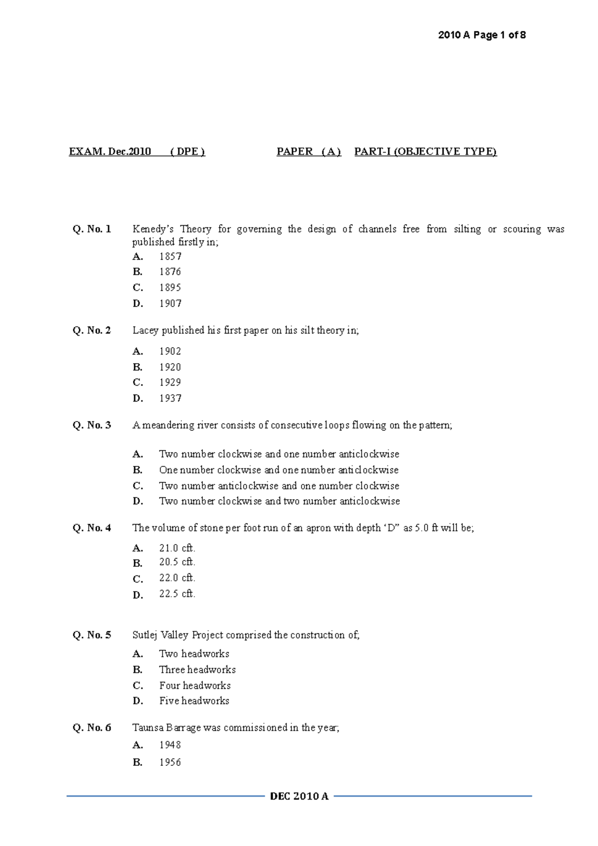 2010-mcq-a - Sd Sf Dg Vb Tre Hj Klmj - 2010 A Page 1 Of 8 Exam. Dec 