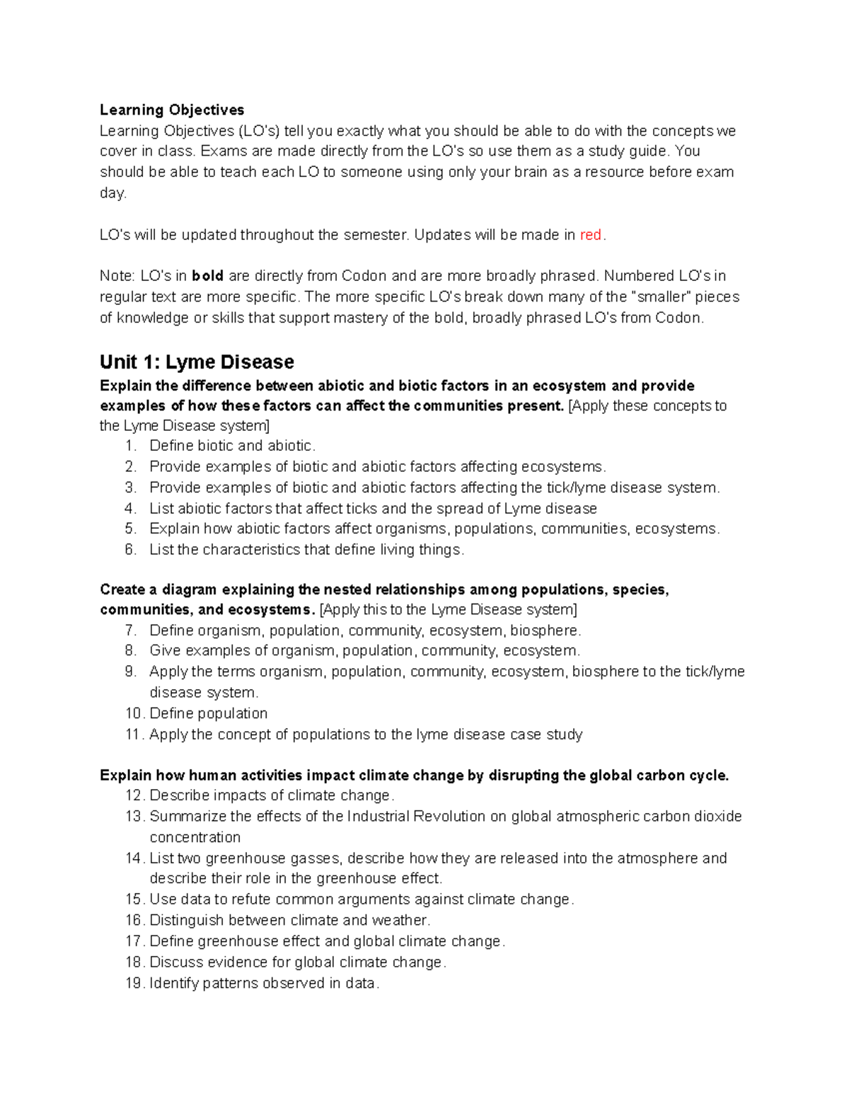 Learning Objectives Fall 2024Unit1 - Learning Objectives Learning ...