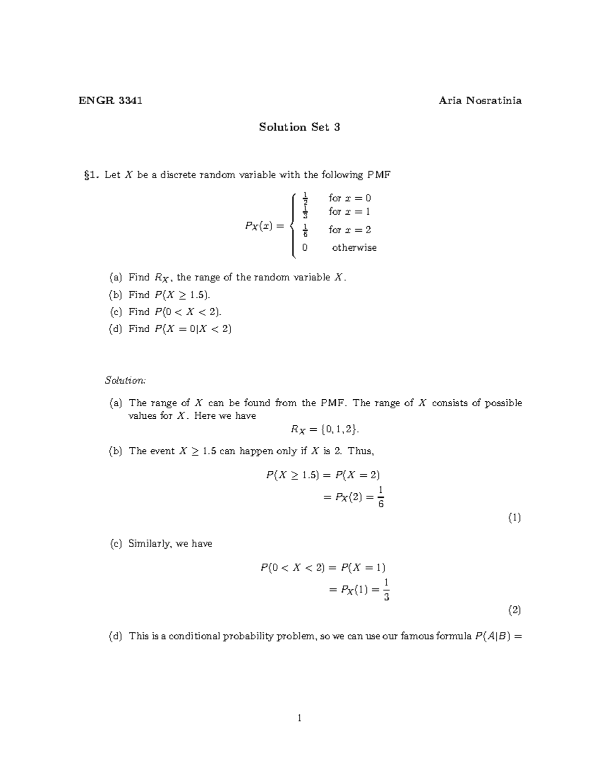 Solution 3 - ENGR 3341 Aria Nosratinia Solution Set 3 §1. Let X be a ...