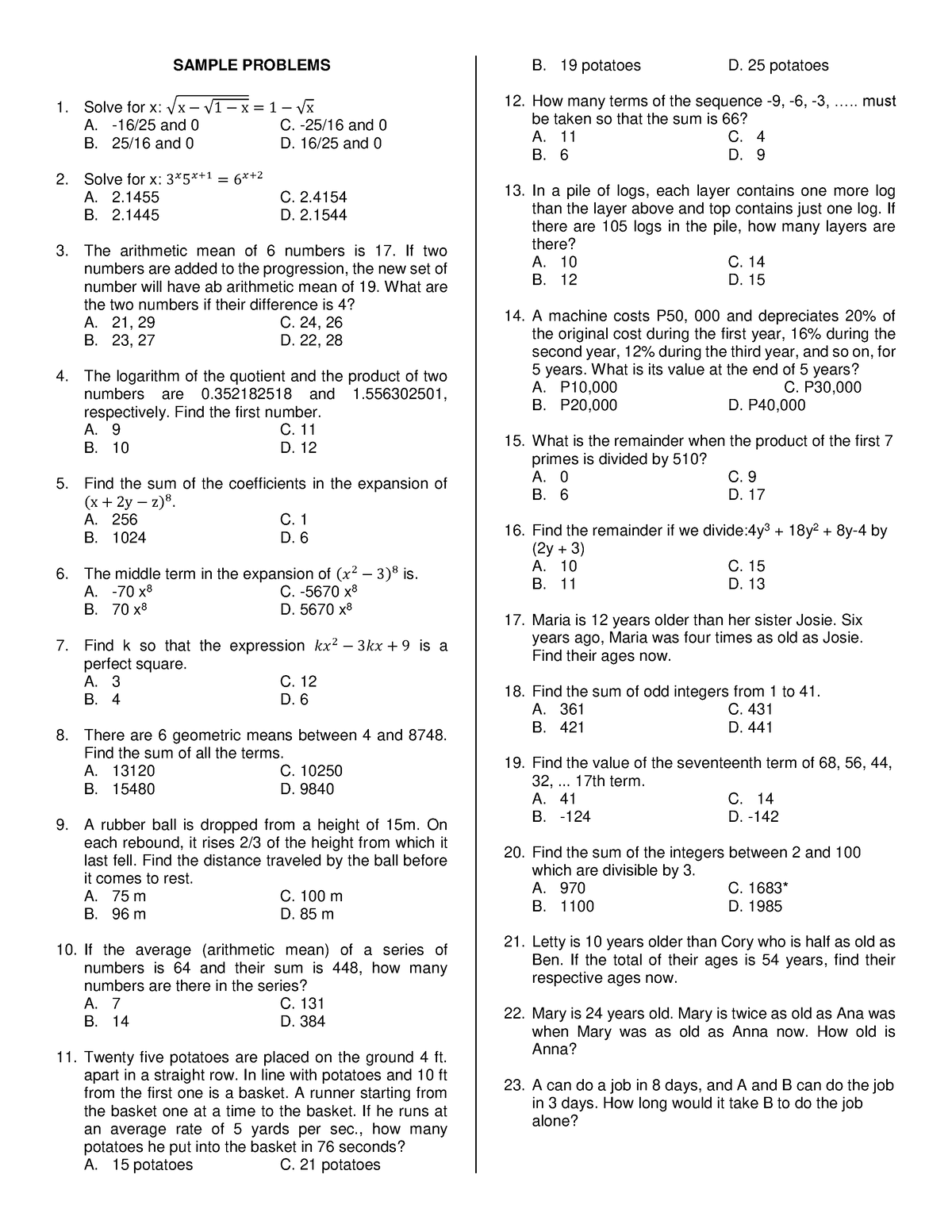 Algebra Problems 2 - SAMPLE PROBLEMS Solve for x: √x − √1 − x = 1 − √x ...