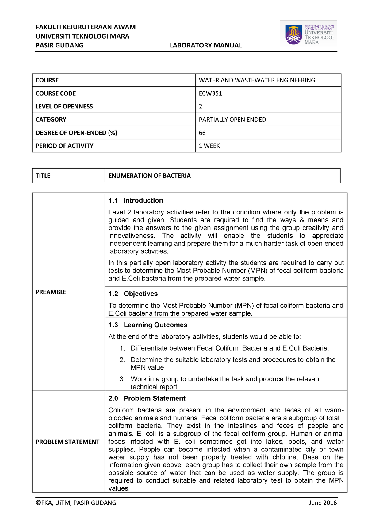 Lab Manual - Level 2 Enumeration OF Bacteria - FAKULTI KEJURUTERAAN ...