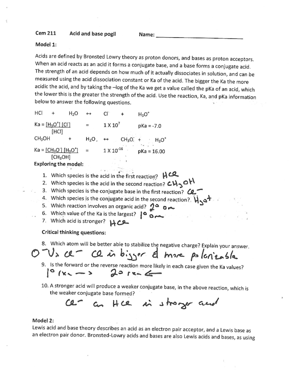 Acidbasepogilkey Acid Base POGIL CEM 222 Studocu