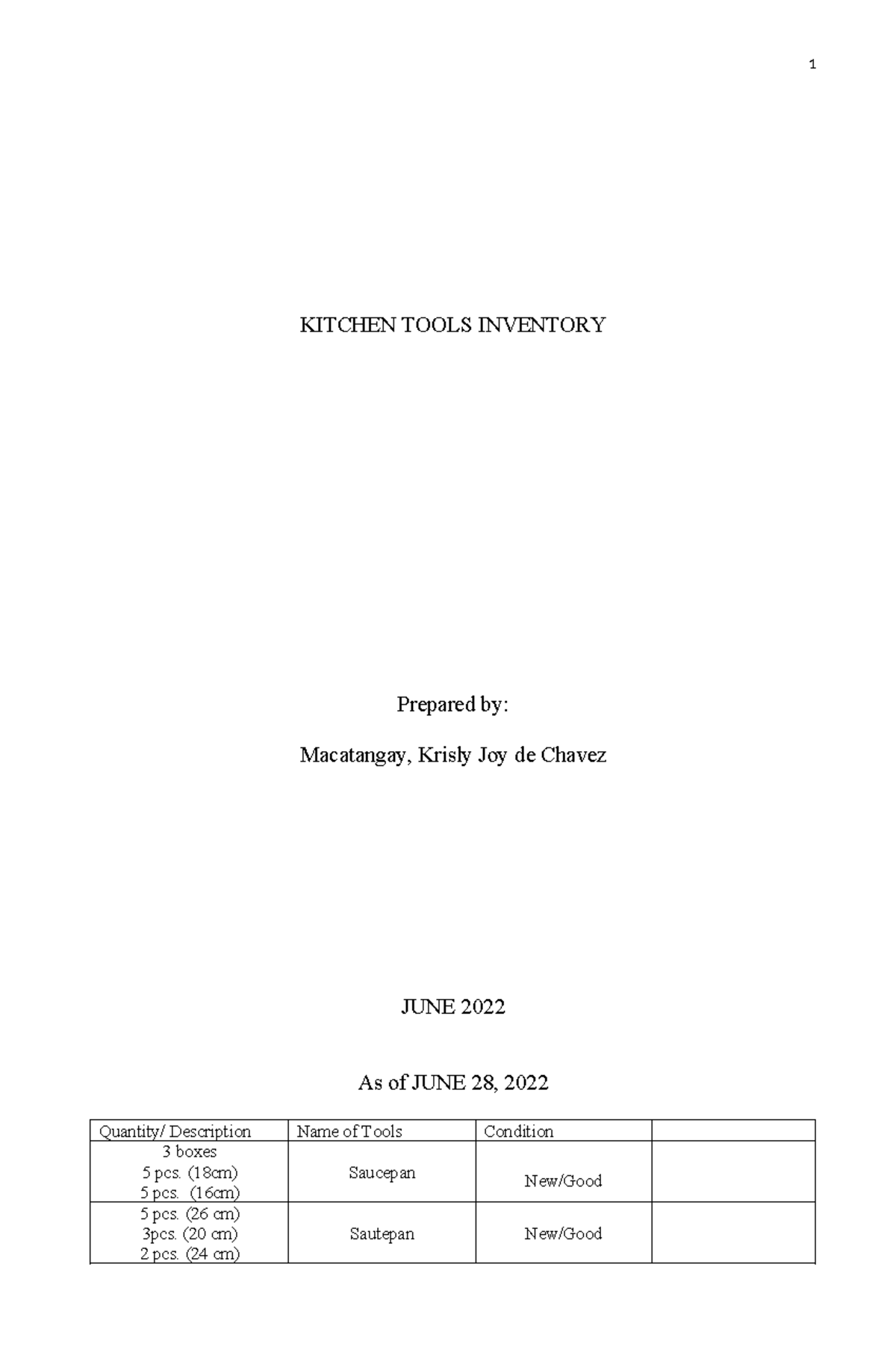 Kitchen Tools Inventory 2022 - KITCHEN TOOLS INVENTORY Prepared by ...