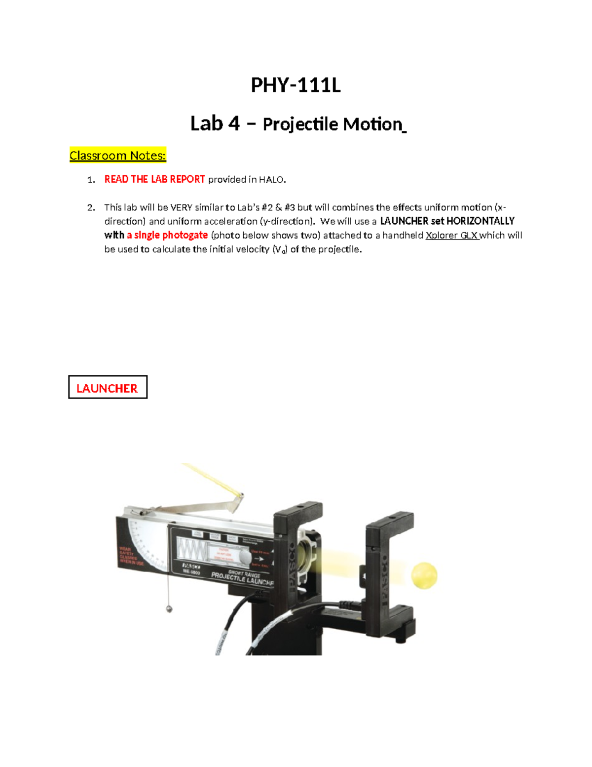 PHY-111L Class Notes - Lab 4 Projectile Motion - PHY-111L Lab 4 ...