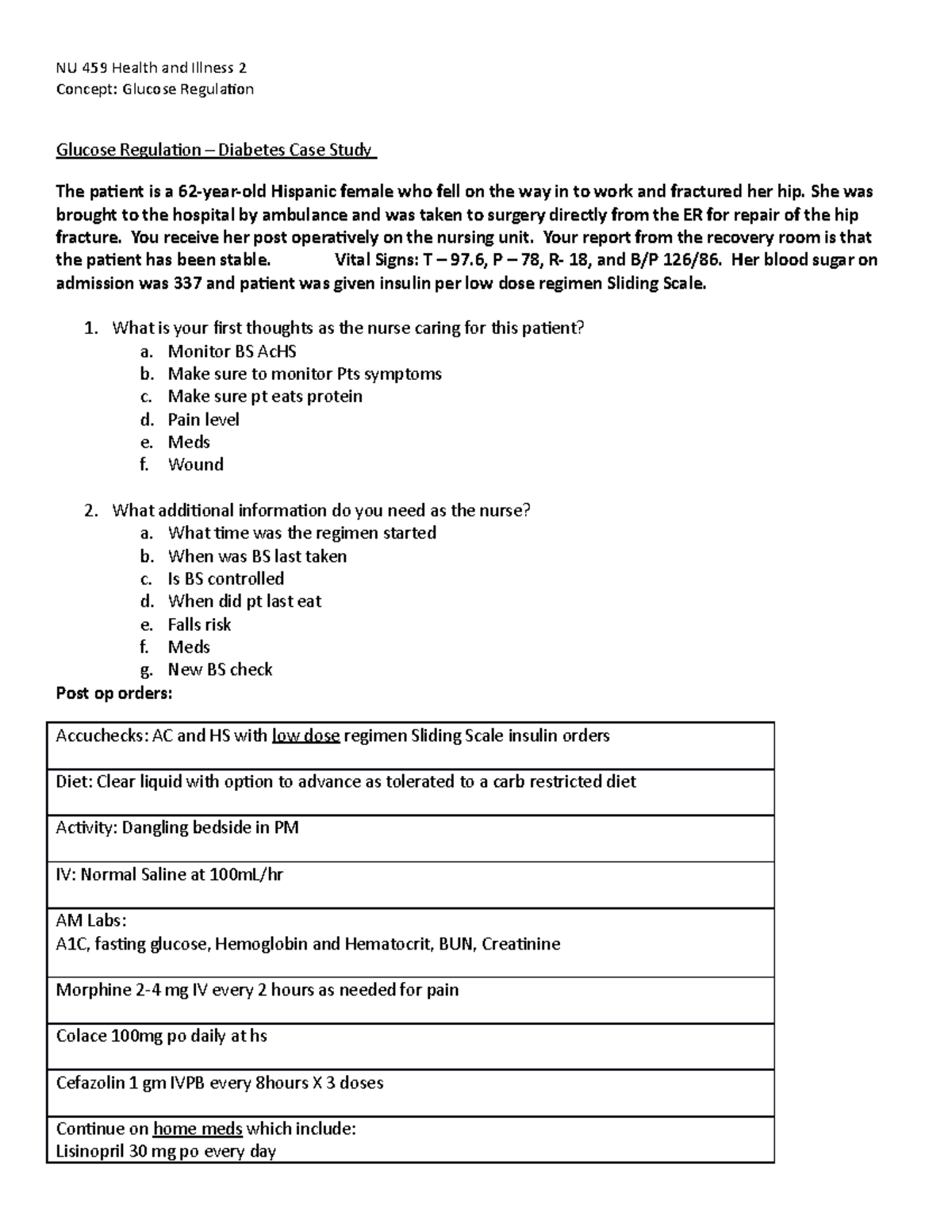 Glucose Regulation Case Study - NU 459 Health and Illness 2 Concept ...