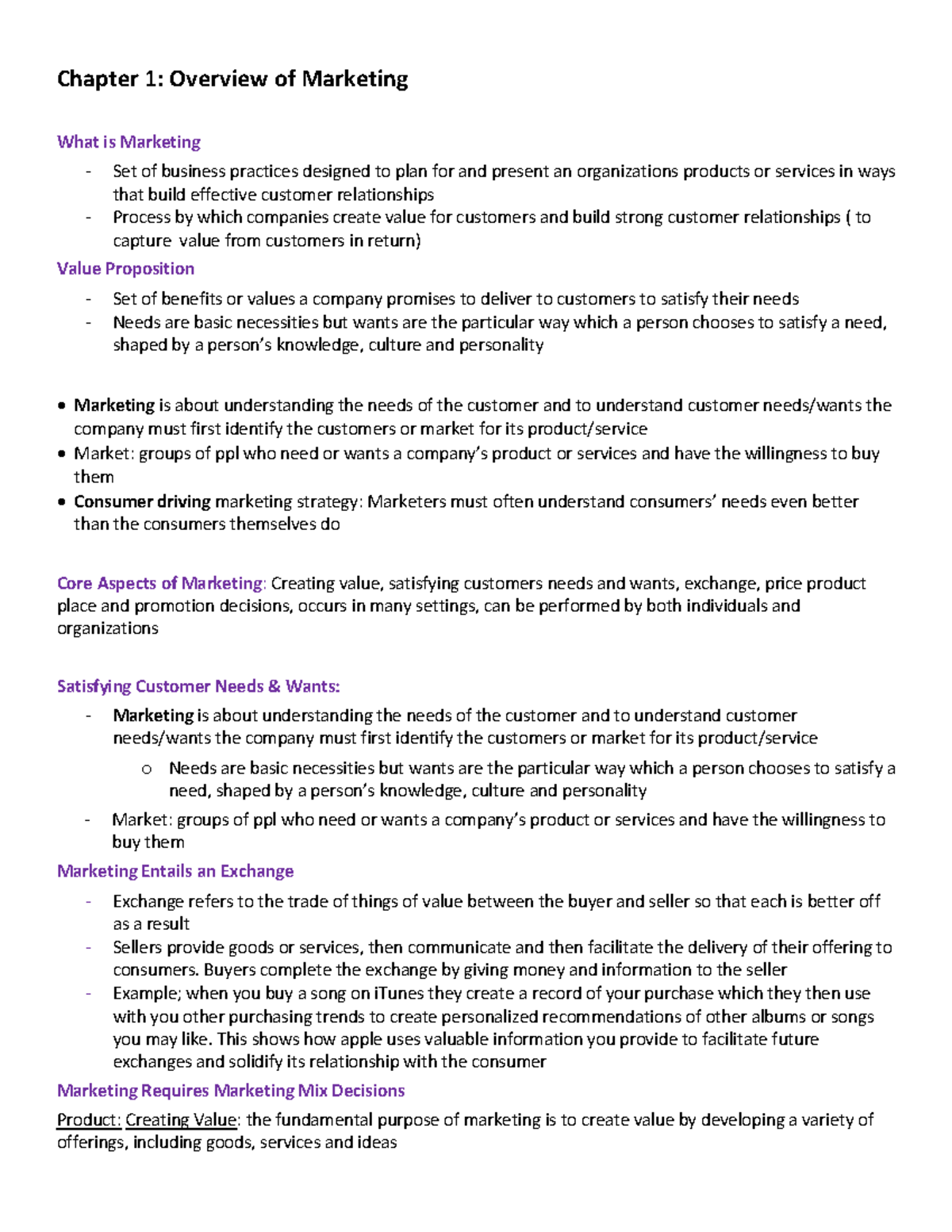 Chapter 1 - Chapter 1: Overview of Marketing What is Marketing Set of ...