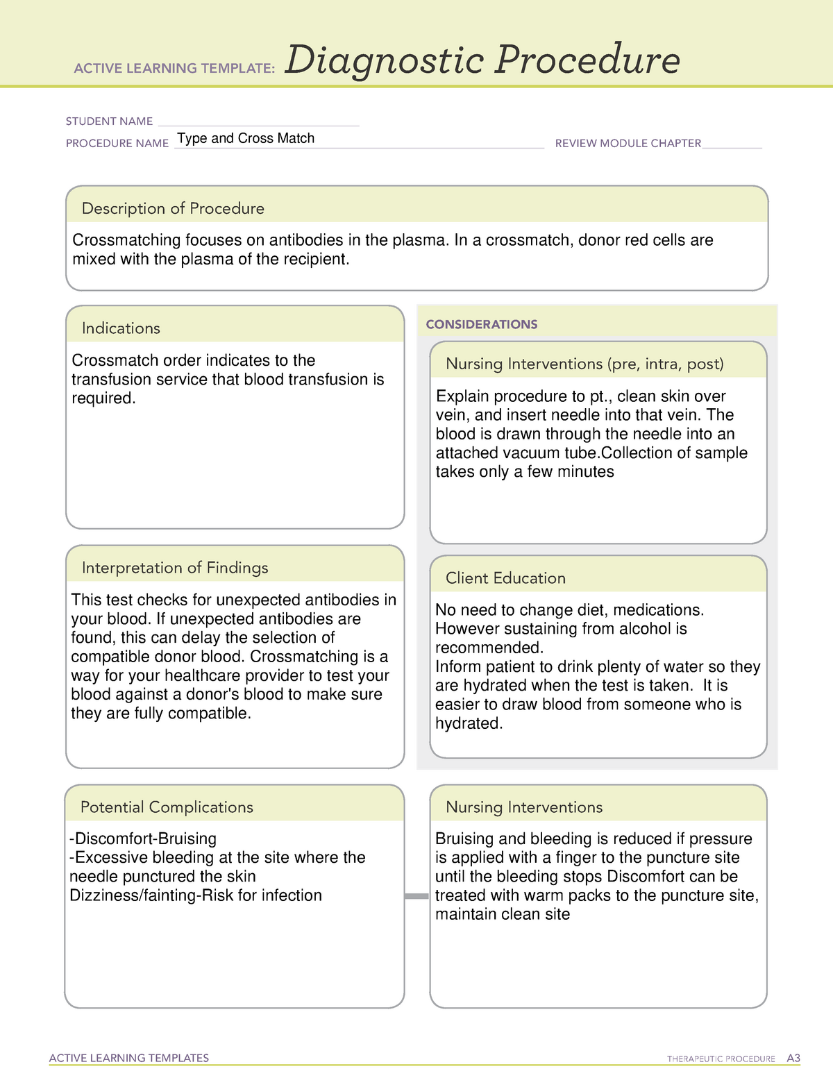 ATI Type and Cross Match Diagnostic Procedure Sheet ACTIVE LEARNING