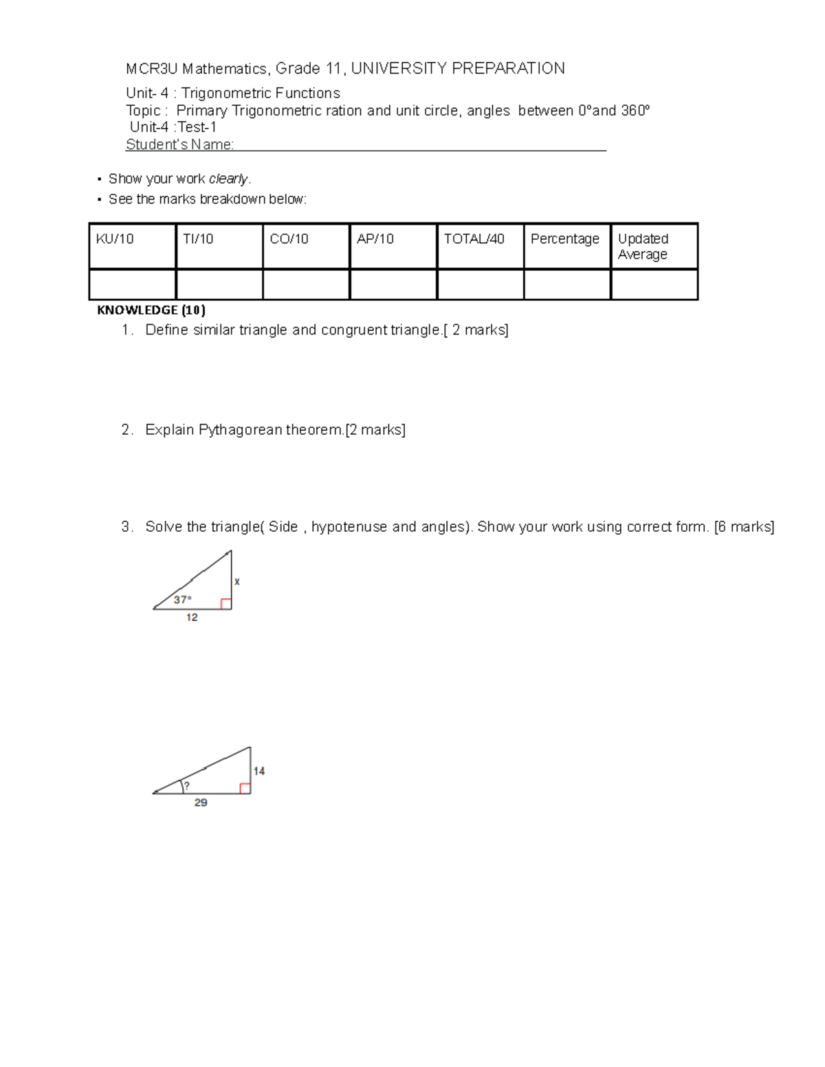 Unit-4 Test -1 - Hdghdfghdfhgf - MCR3U Mathematics, Grade 11 ...