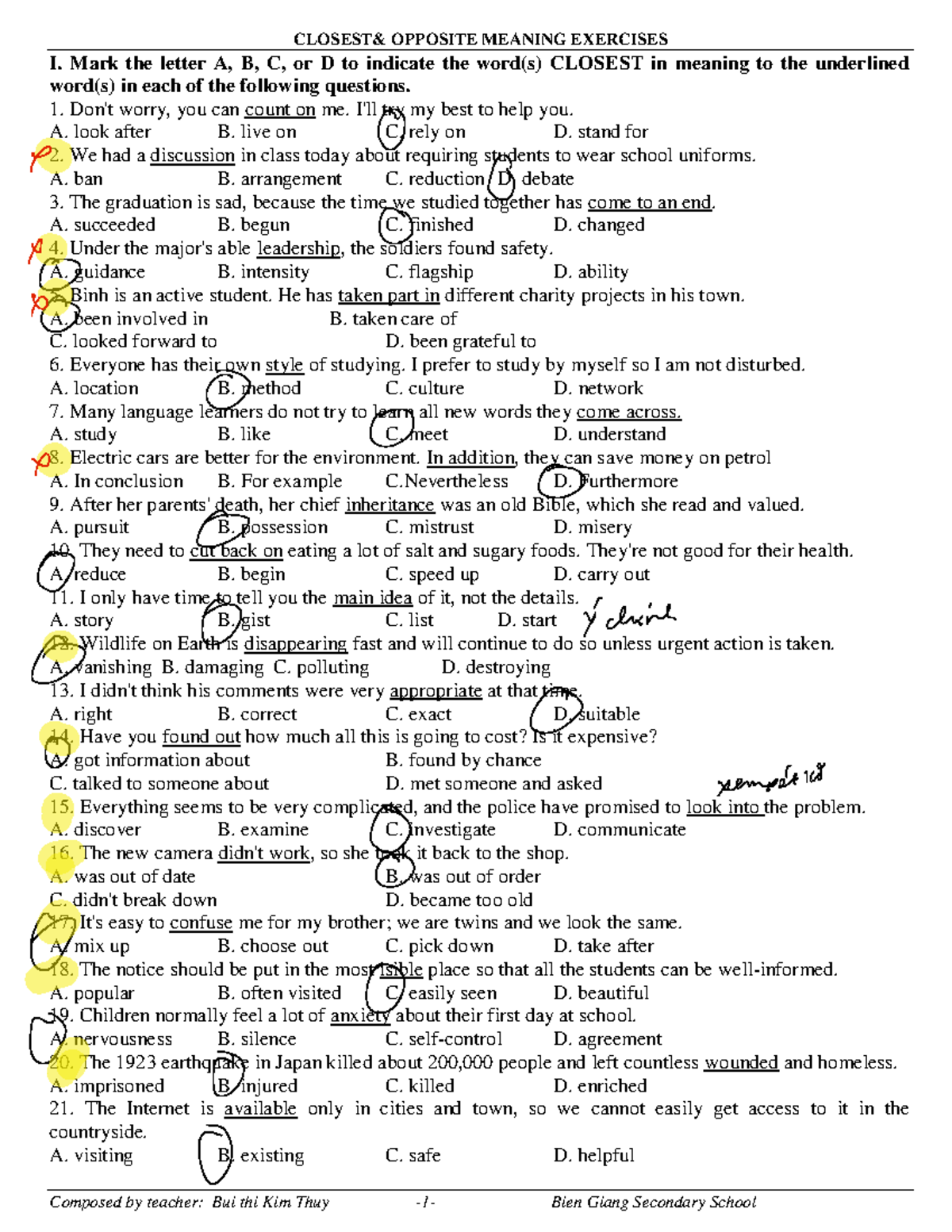 Closest and opposite meaning - I. Mark the letter A, B, C, or D to ...