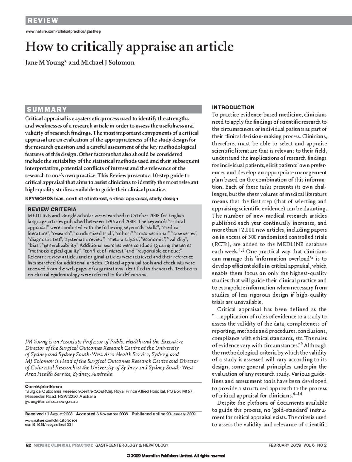 Young And Solomons (2009 ); How To Critically Appraise An Article ...