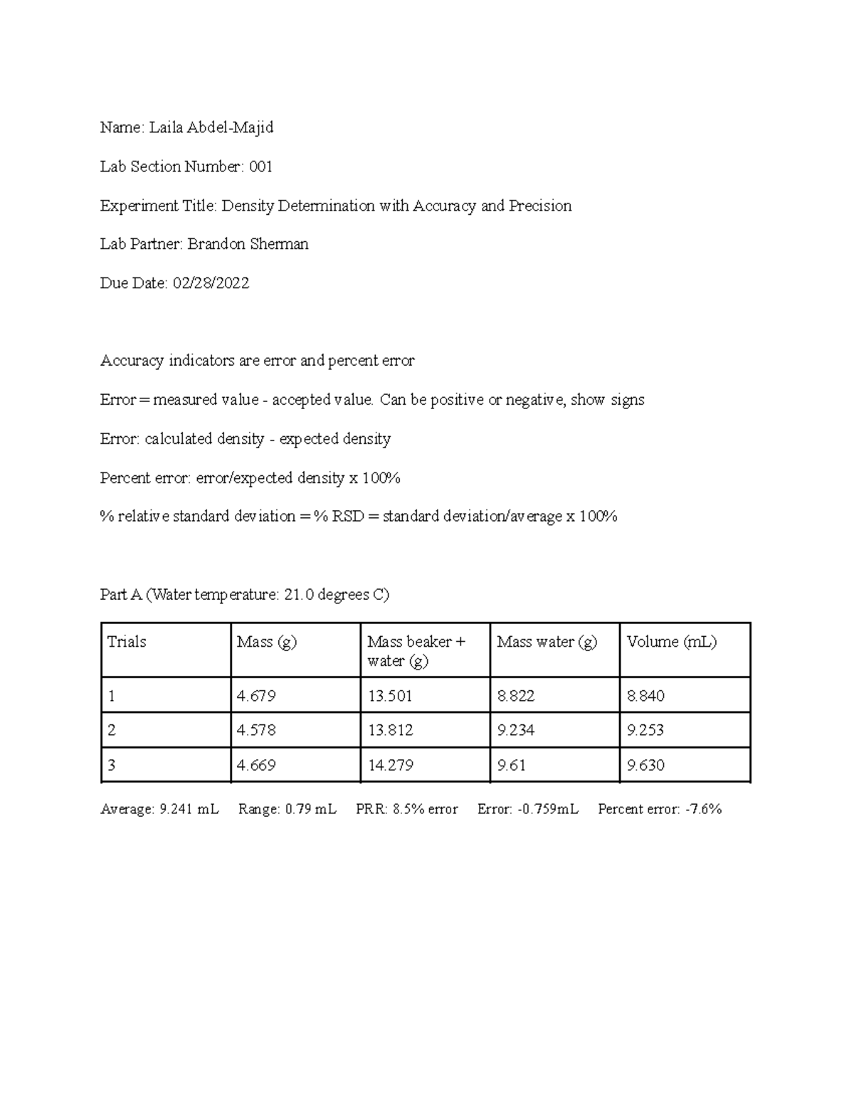 Chem Lab Report Week 4 - Dr. Lee - Name: Laila Abdel-Majid Lab Section ...