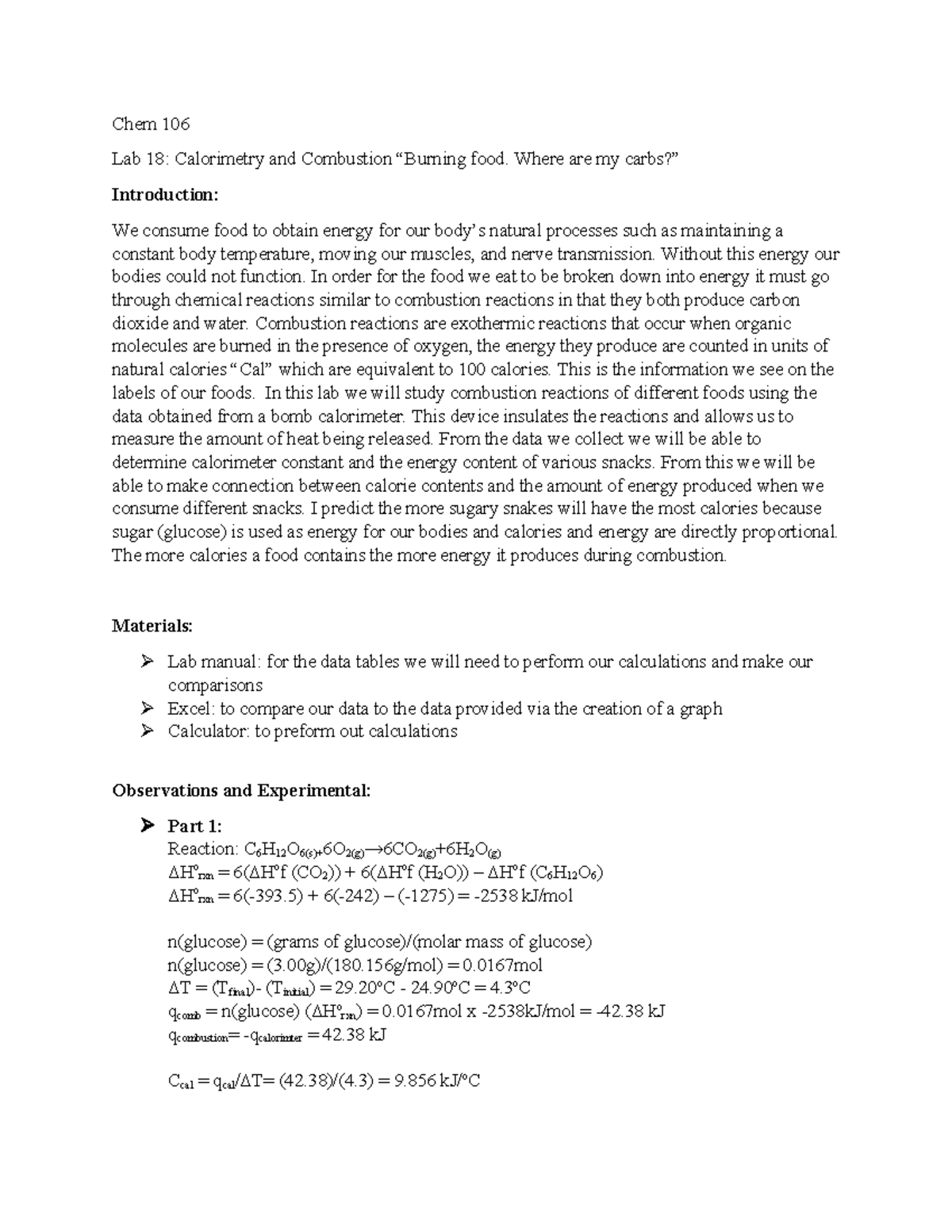 Lab 18 lab 18 Chem 106 Lab 18 Calorimetry and Combustion “Burning
