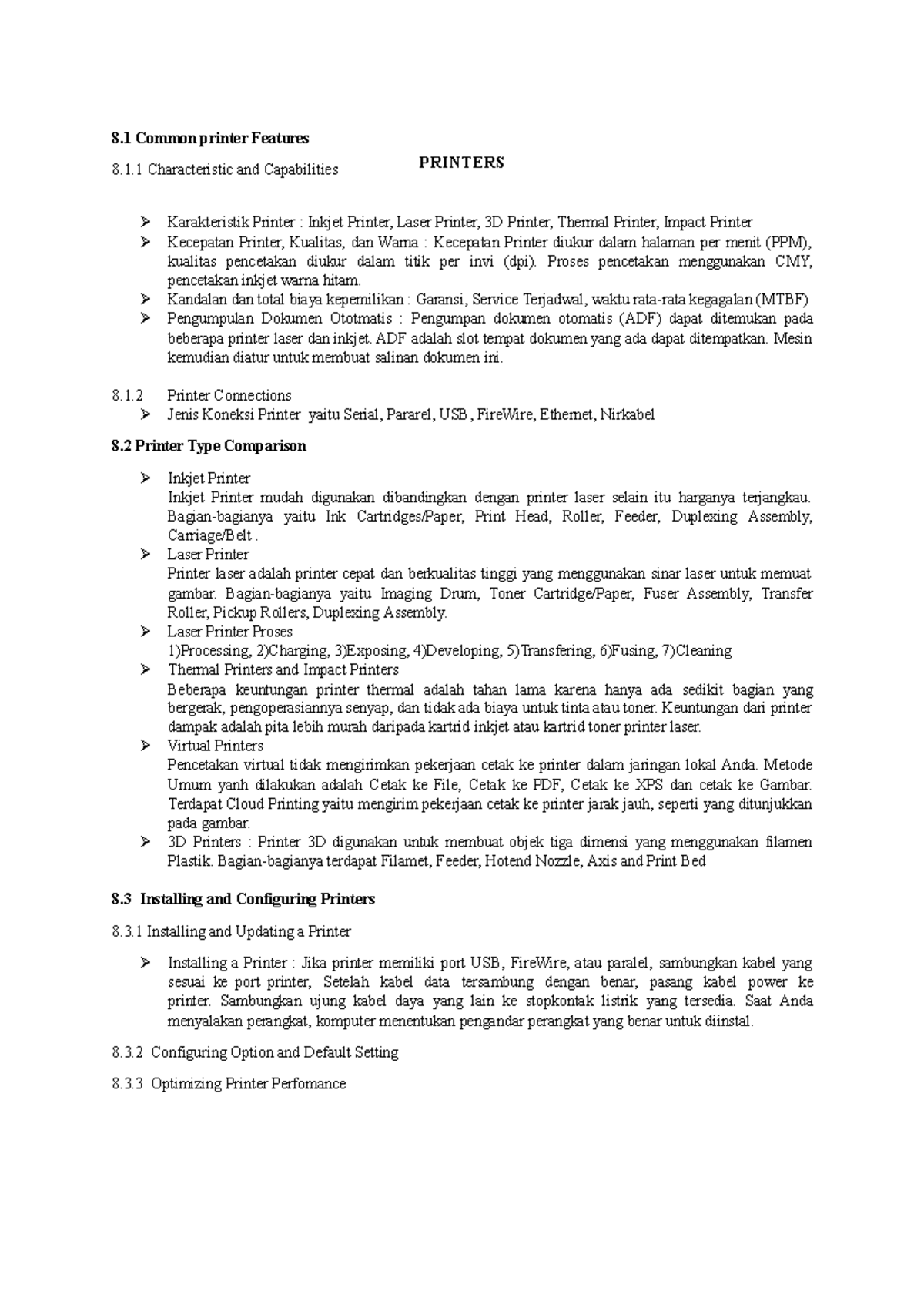 REsume 8 cisco 8 Common printer Features 8.1 Characteristic and