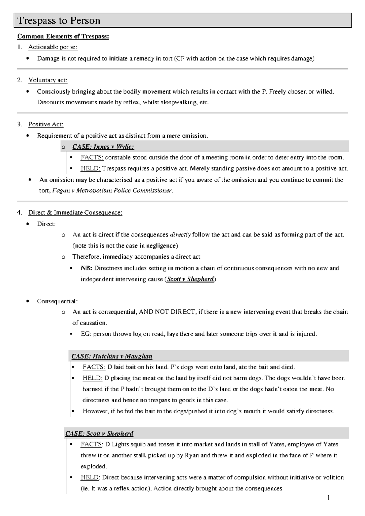 Practical - Torts Comprehensive - Trespass to Person 1 Common Elements ...