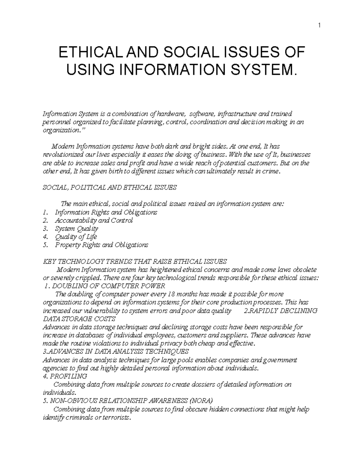 Assignment 1 - Useful - ETHICAL AND SOCIAL ISSUES OF USING INFORMATION ...